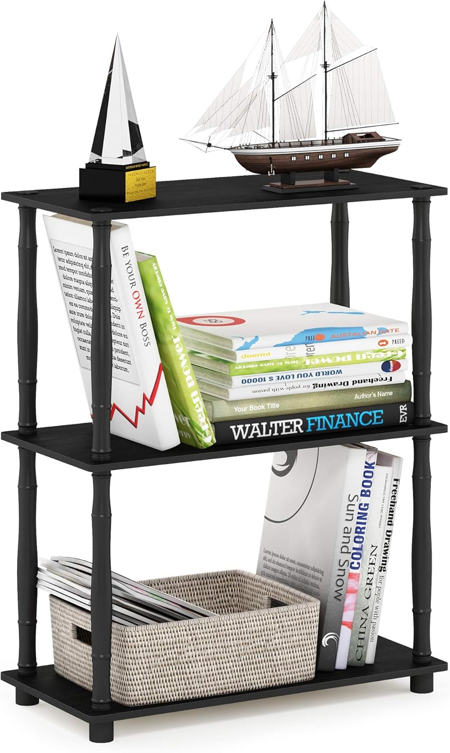 Furinno Turn-N-Tube 3-Tier Compact Multipurpose Shelf Display Rack with Classic Tube, Americano/Black