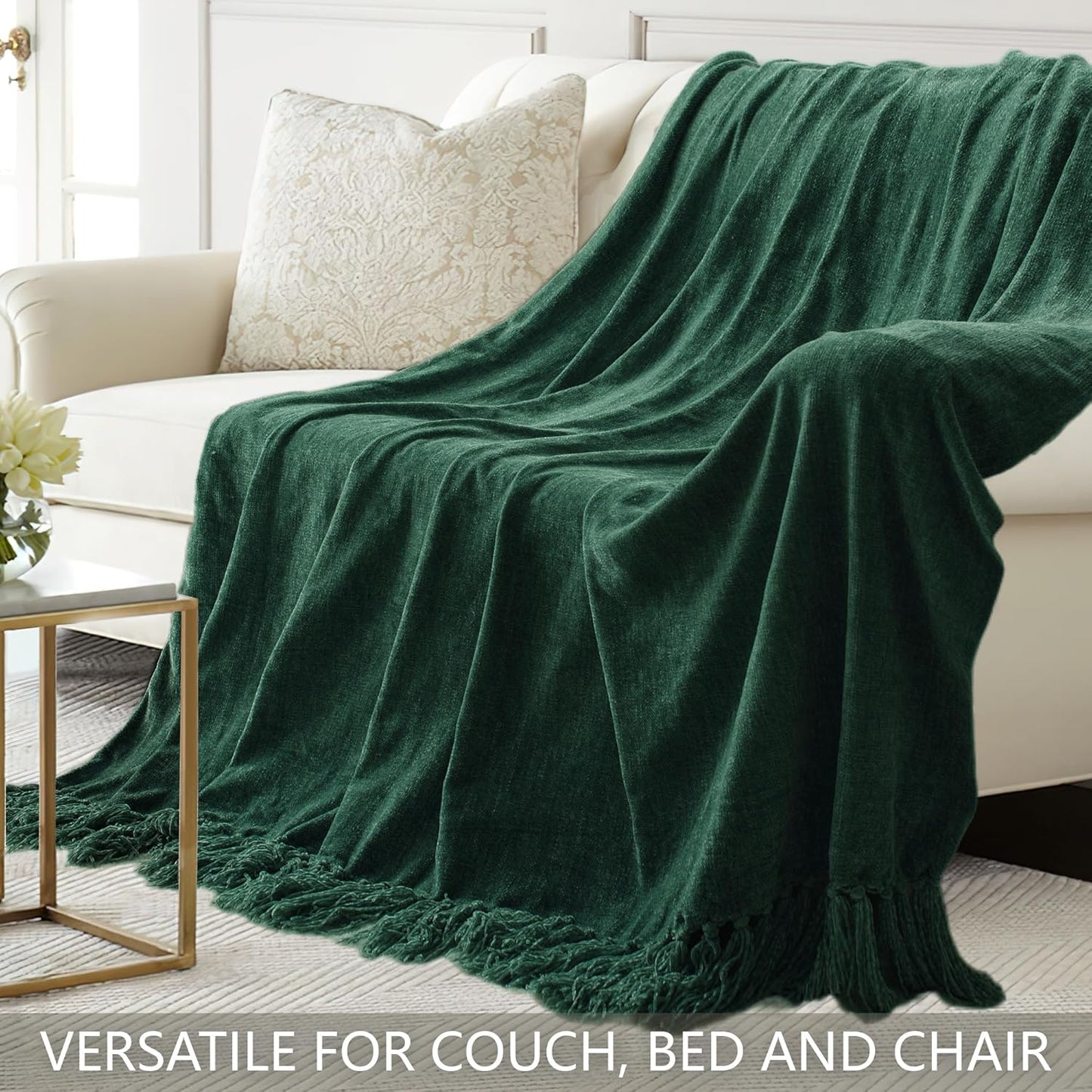 Chenille Throw Blanket for Couch 60"X 80" Twin, Soft Cozy Throws with Fringe Tassel for Bed Sofa Chair Cover, Lightweight Knitted Decorative Boho Blankets for Living Room, Dark Green