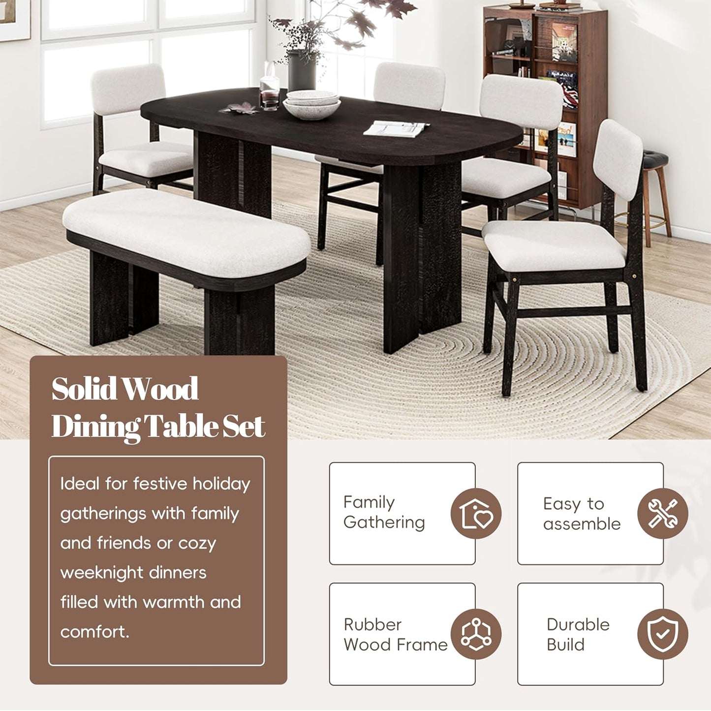 Ball & Cast Wood Dining Table Set with Bench,6-Piece Upholstered Rectangular Set w/ 4 Upholstered Chairs,Curved Profiles Kitchen Furniture Suitable Big Family Gatherings,Espresso