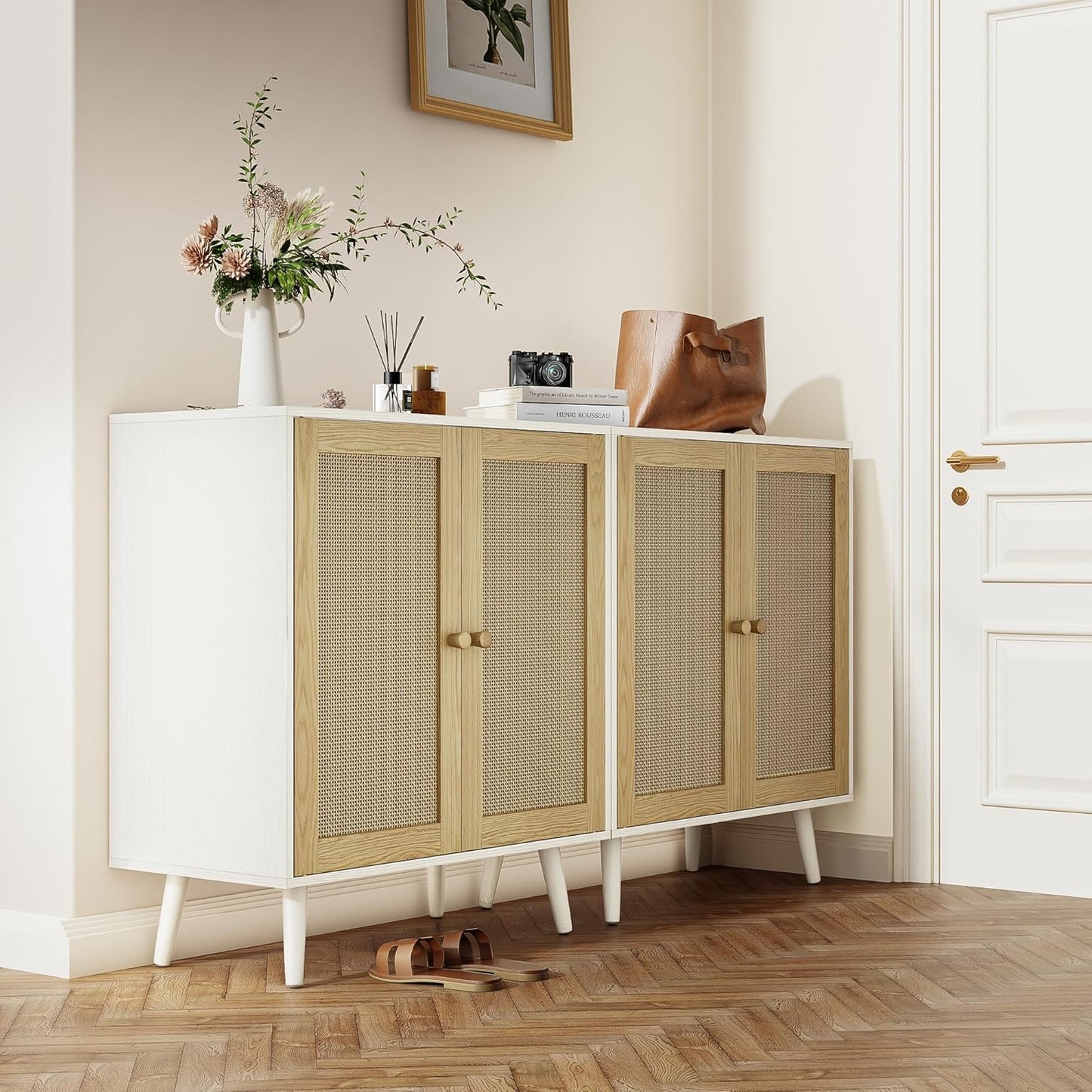 Rattan Storage Cabinet, Small Sideboard Buffets Storage Cabinet with Doors for Kitchen & Entryway Storage, White