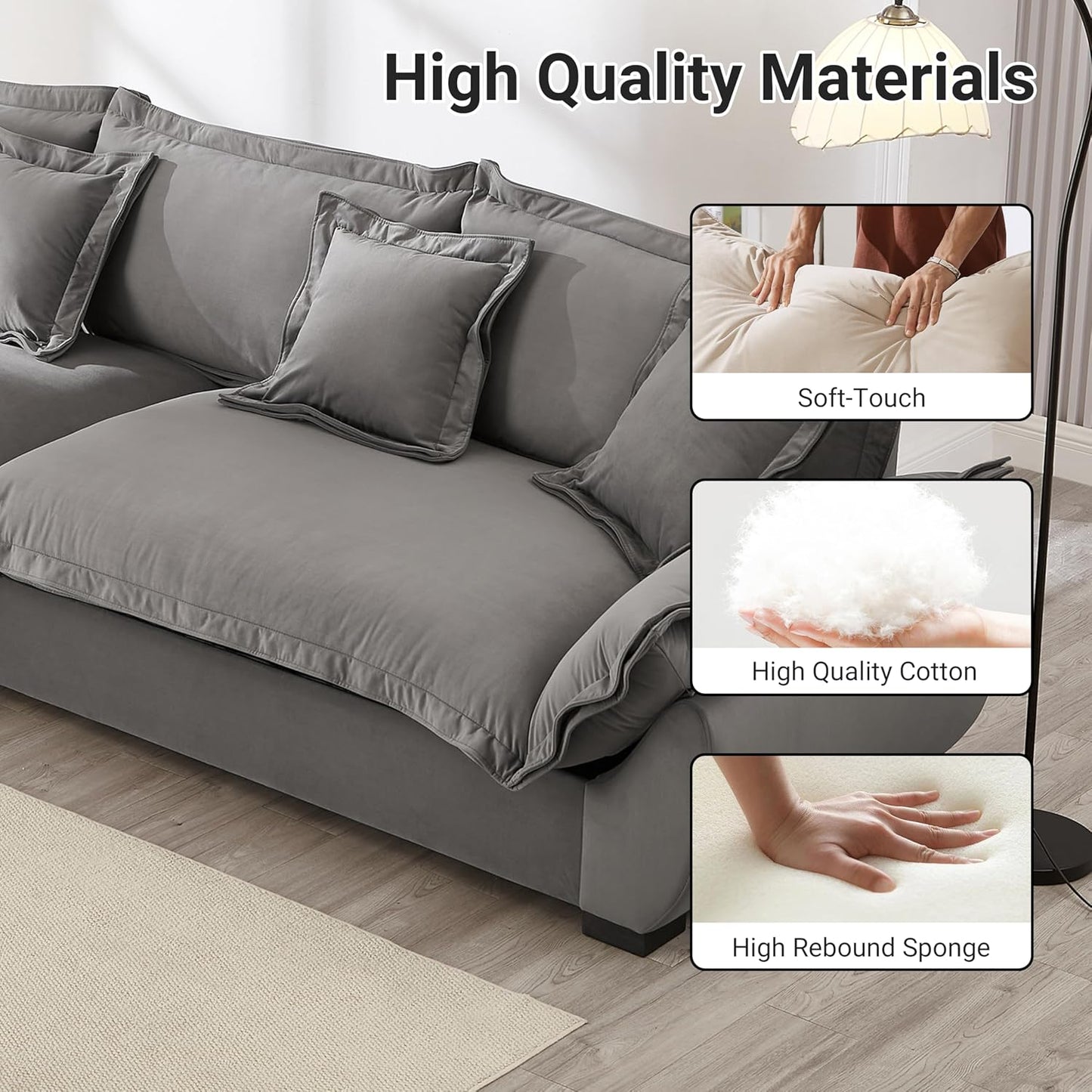 126 Inch Sailing Design Modular Sectional Cloud Sofa with Storage, Modern Deep Seat Couch w/Throw Pillows & Removable Backrest for Living Room Bedroom Apartment,Grey