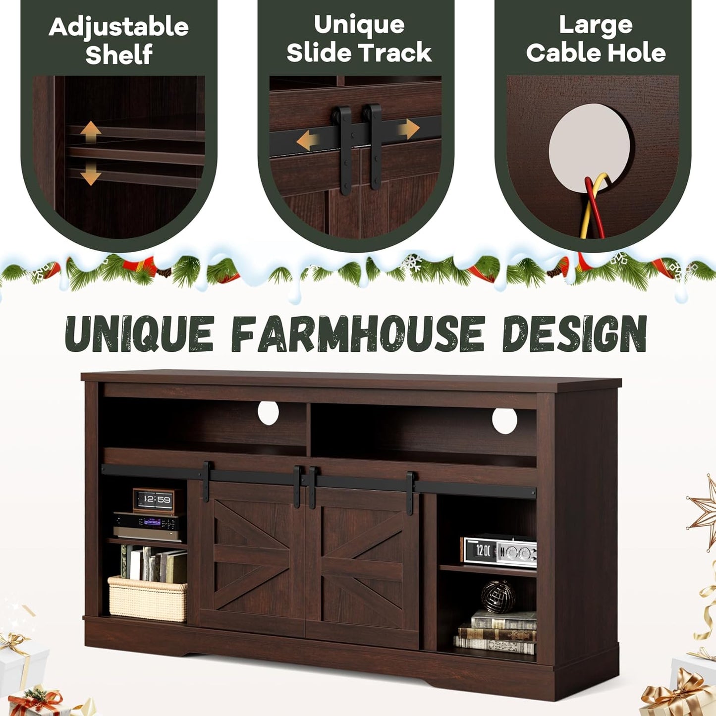 YESHOMY Fireplace TV Stand for Television up to 65+ Inch with Storage and Farmhouse Sliding Barn Doors, Entertainment Center with Cabinet and Shelves, Media Console for Living Room, Dark Brown