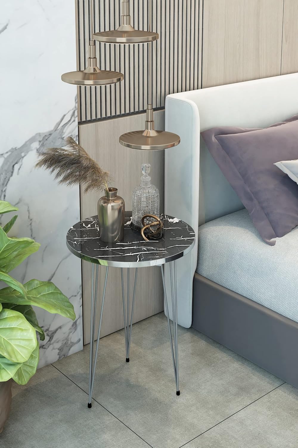 PAK HOME Set of 2 End Tables Round Wood Sofa Side Coffee Tables for Small Spaces, Nightstand Bedside Table with Metal Legs for Bedroom, Living Room, Office (Black Marble High Gloss/Silver Legs)