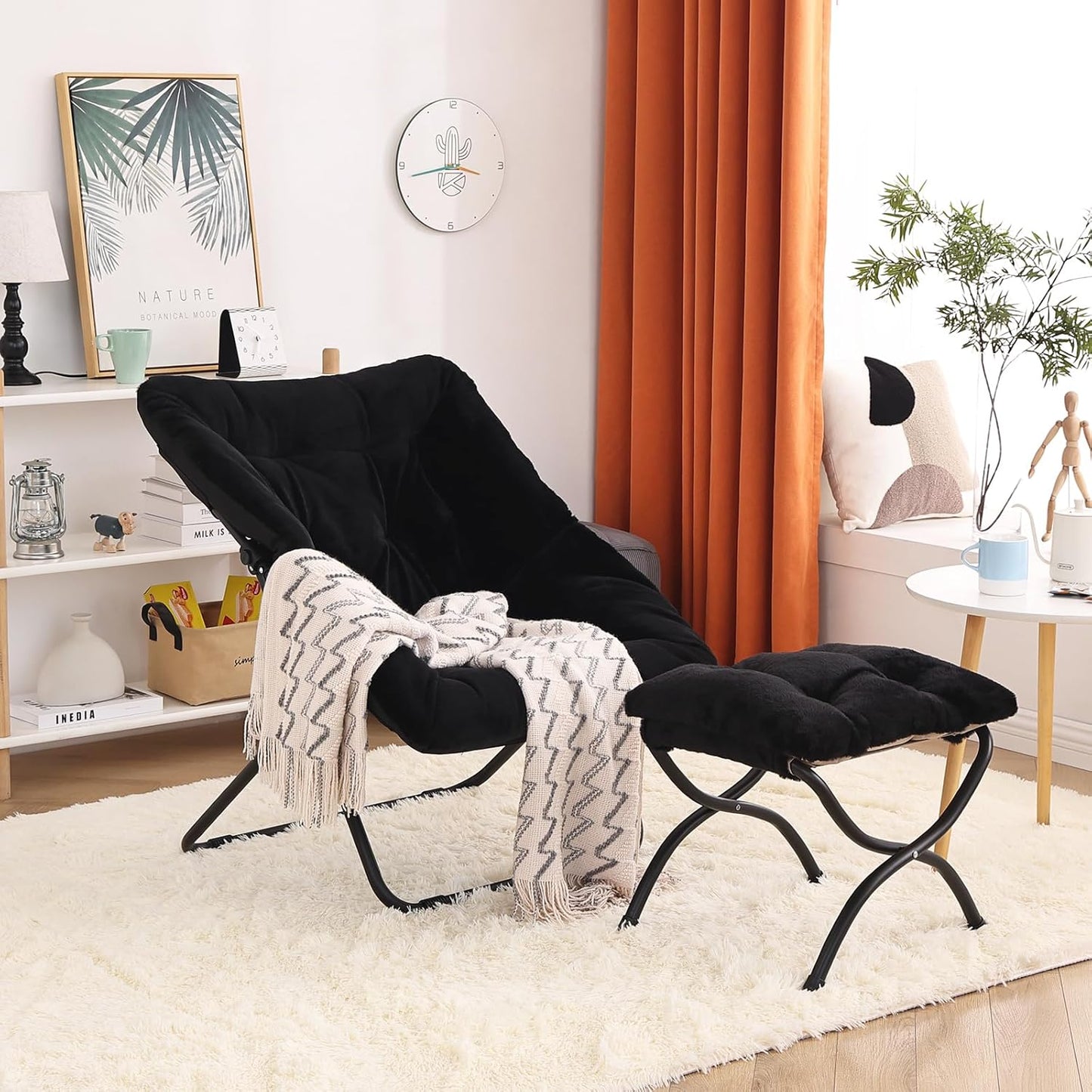 Oversized Folding Faux Fur Chair with Ottoman, X-Large Soft Saucer Chair, Foldable Metal Frame for Bedroom, Living Room, Balcony (Black)