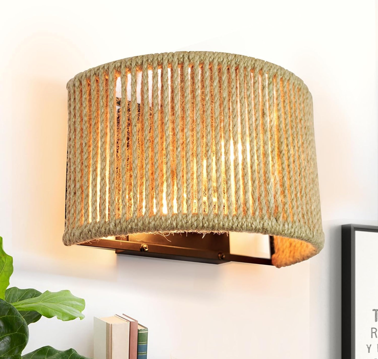 Rattan Wall Sconce Boho Wall Light Fixture Hand Woven Wall Mounted Lamp for Bedside, Staircase, Aisle, Porch, E12 Base D9.7 Inch