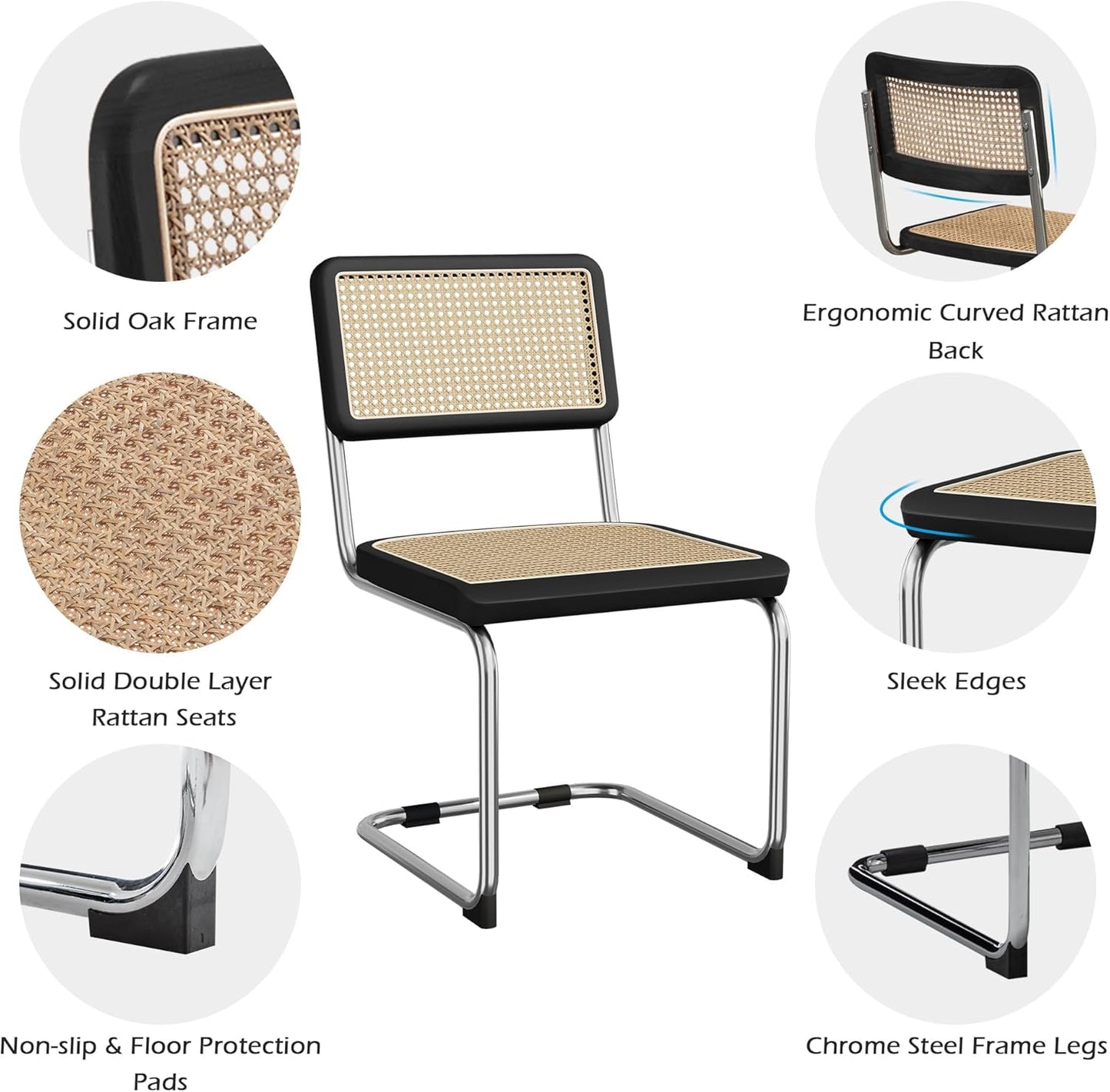 Rattan Dining Chairs Set of 2 Mid Century Modern Dining Room Chairs with Natural Rattan Woven Backrest and Seat Upholstered Kitchen Armless Side Chairs with Metal Legs, Black