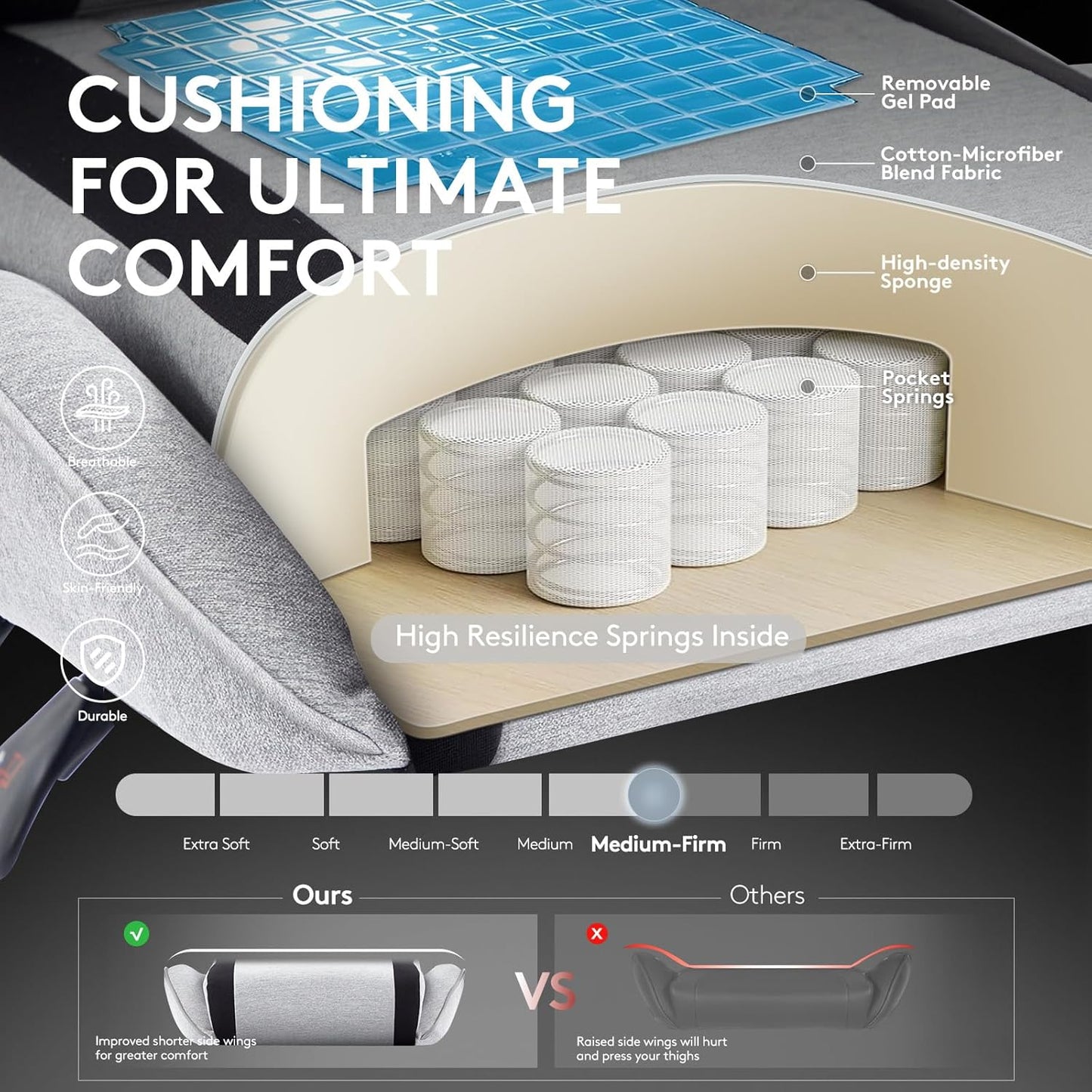 Gaming Chair Breathable Fabric,Computer Office Chair with Footrest,Massage Lumbar Support and Gel Pad,Ergonomic Reclining Adjustable Gamer Chair with Headrest and Spring Cushion Grey Black