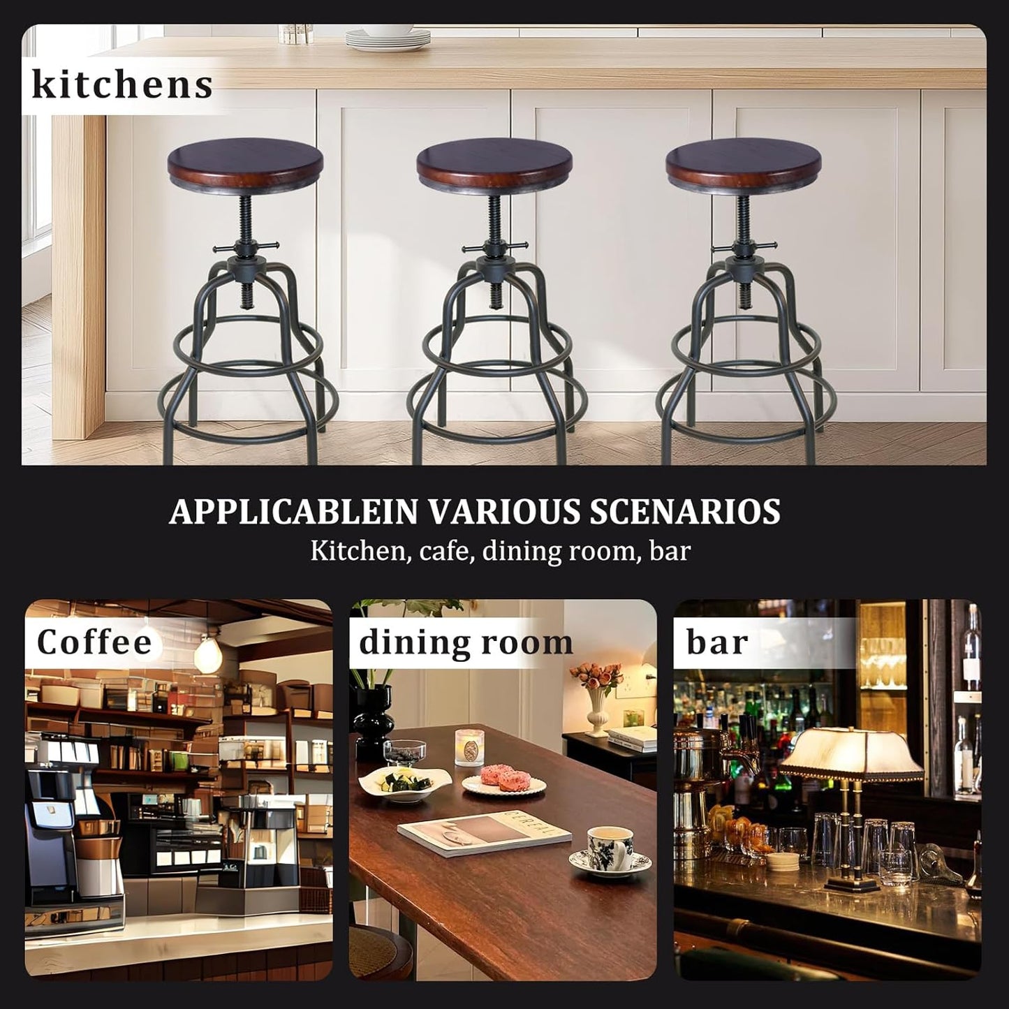 LOKKHAN Vintage Industrial Bar Stool-Rustic Swivel Bar Stool-Round Walnut Wood Metal Stool-Counter/Bar Height Adjustable Pipe Stool-Cast Steel Stool 23.62"-29.52" (Set of 2)