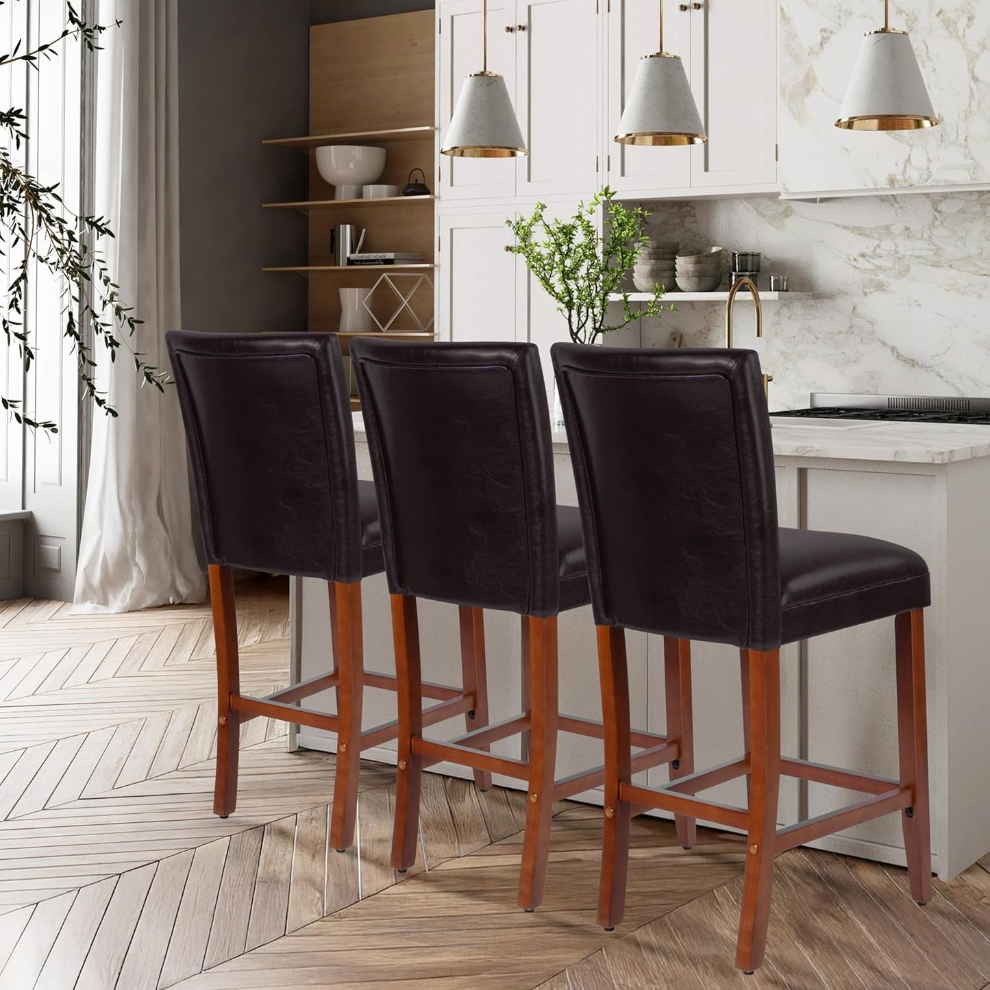 HomePop Home Decor | Classic Counter Height Bar Stools | 29 Inch Bar Stools | Decorative Home Furniture (Dark Brown Faux Leather) Single Pack