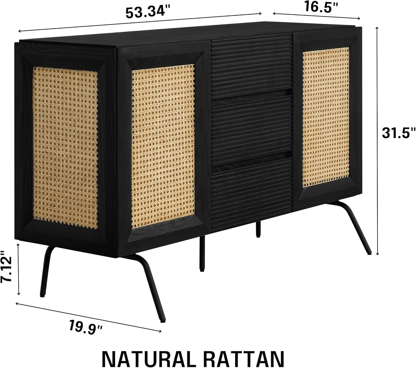 NTC MOSSIC Sideboard with 2 Doors and 3 Drawers, Buffet Cabinet with Natural Rattan and Metal Legs, Modern Storage Cabinet for Living Room, and Hallway, Effortless Assembly - Burnt Black
