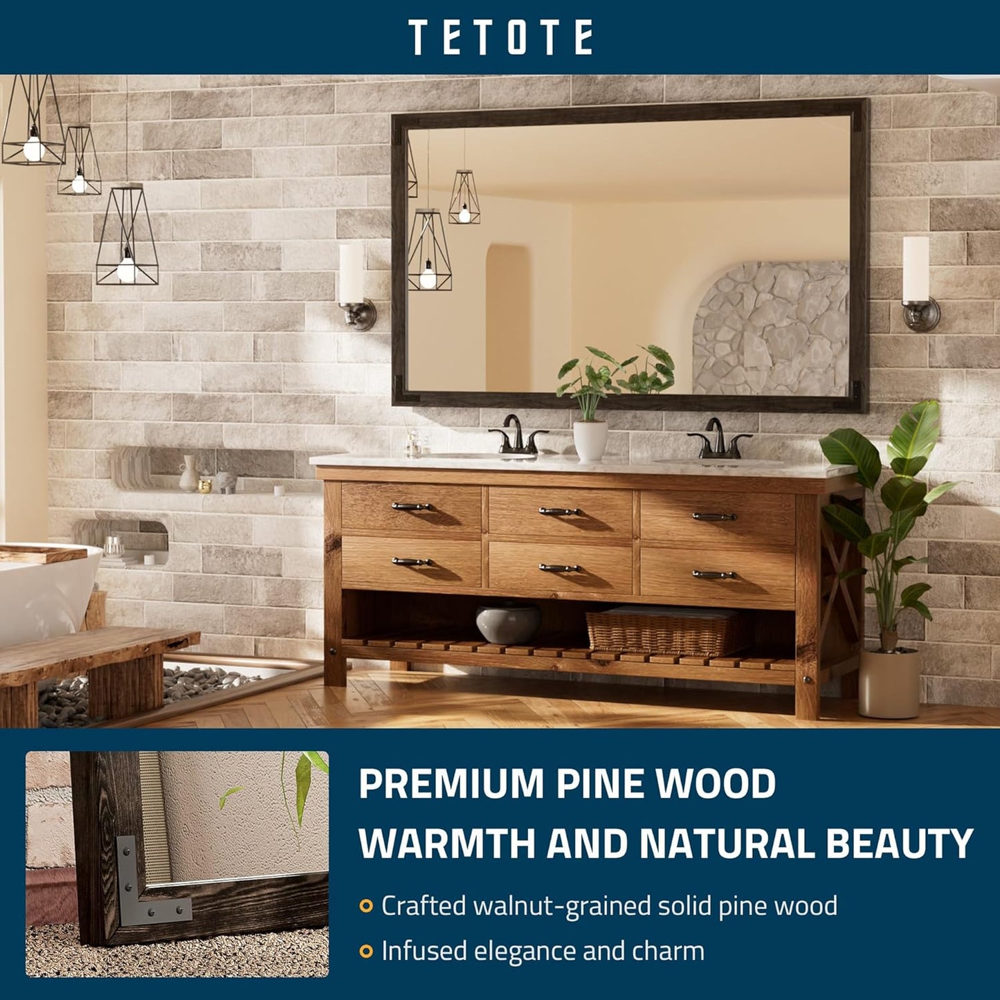 TETOTE 60 x 36 Black Wood Framed Mirror for Bathroom Wall/Bedroom/Living Room/Entryway Farmhouse Rustic Wall Mirror Waterproof (Horizontal/Vertical Mounted)