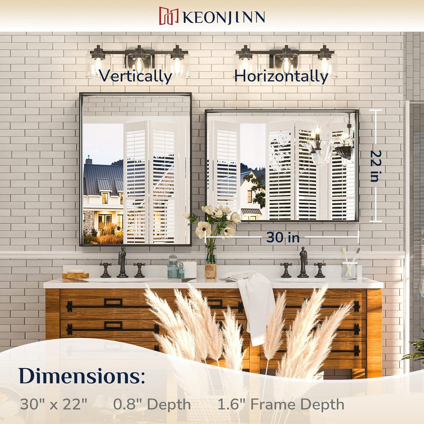 Keonjinn Black Bathroom Mirror 22 x 30 Inch, Brushed Black Framed Mirror for Over Sink, Rectangle Wall Vanity Mirror with Square Corner, Alumium Frame