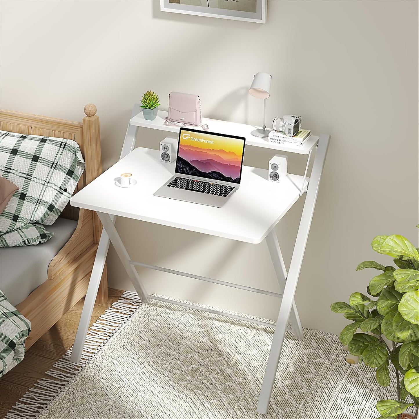 GreenForest No Assembly Folding Desk, 2-Tier Compact Computer Desk with Shelf, Space Saving Foldable Table for Home Office, Dorm or Apartment, Portable Collapsible Sturdy Laptop Desk, White