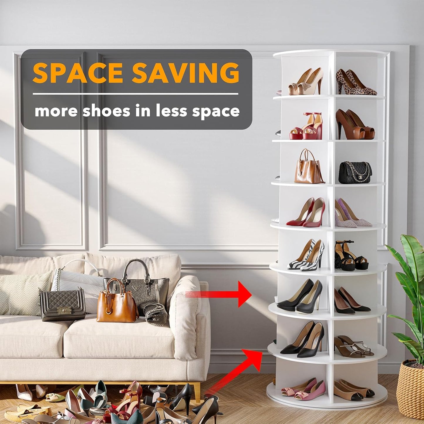 SpaceAid 8 Tier Rotating Shoe Rack Tower, Spinning Shoe Display Lazy Susan, Revolving 360 Shoe Rack Storage Round Carousel, Vertical Handbag Rotate Shoes Closet Organization (8-Tier White)