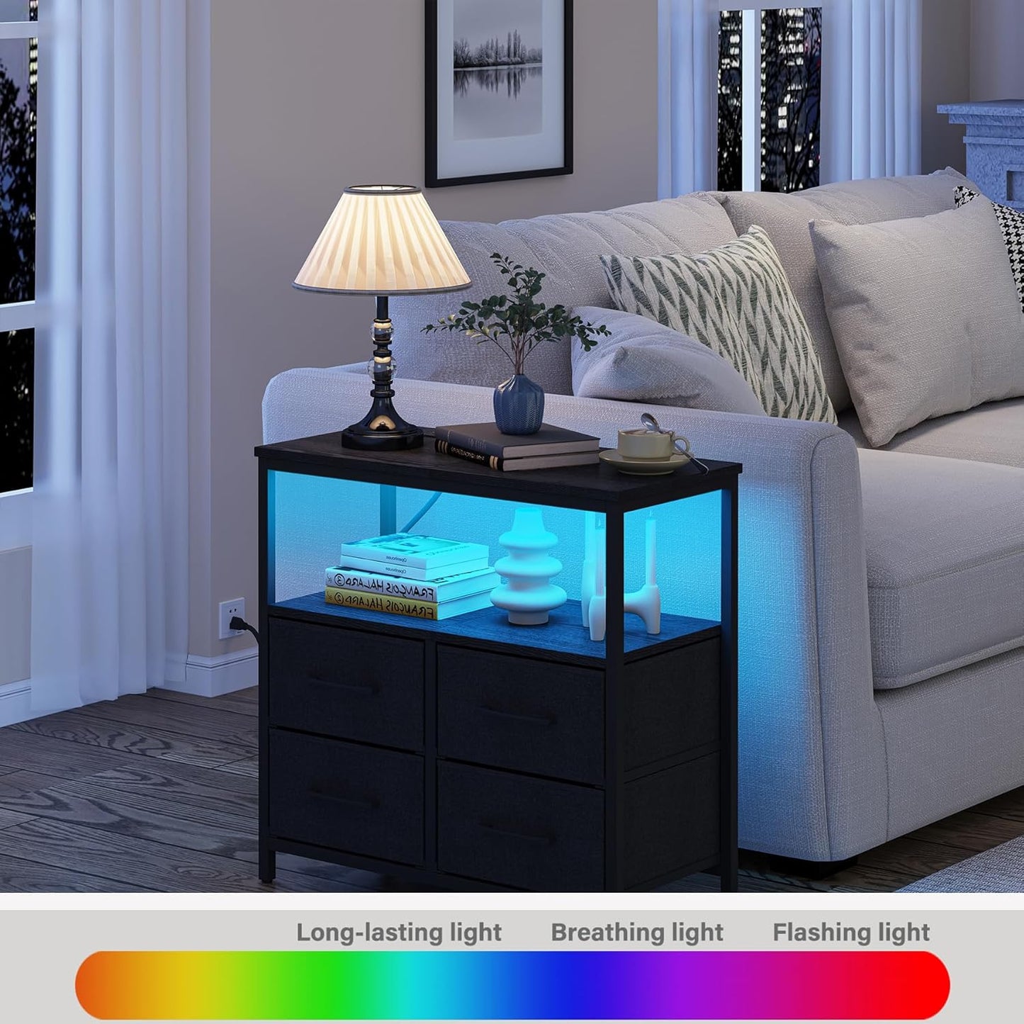 TUTOTAK LED Night Stand with Charging Station, Large Nightstand with USB and Type-C Port, Bedside Table with Cloth Drawers, End Table for Livingroom, Bedroom, Black TB01BK081L