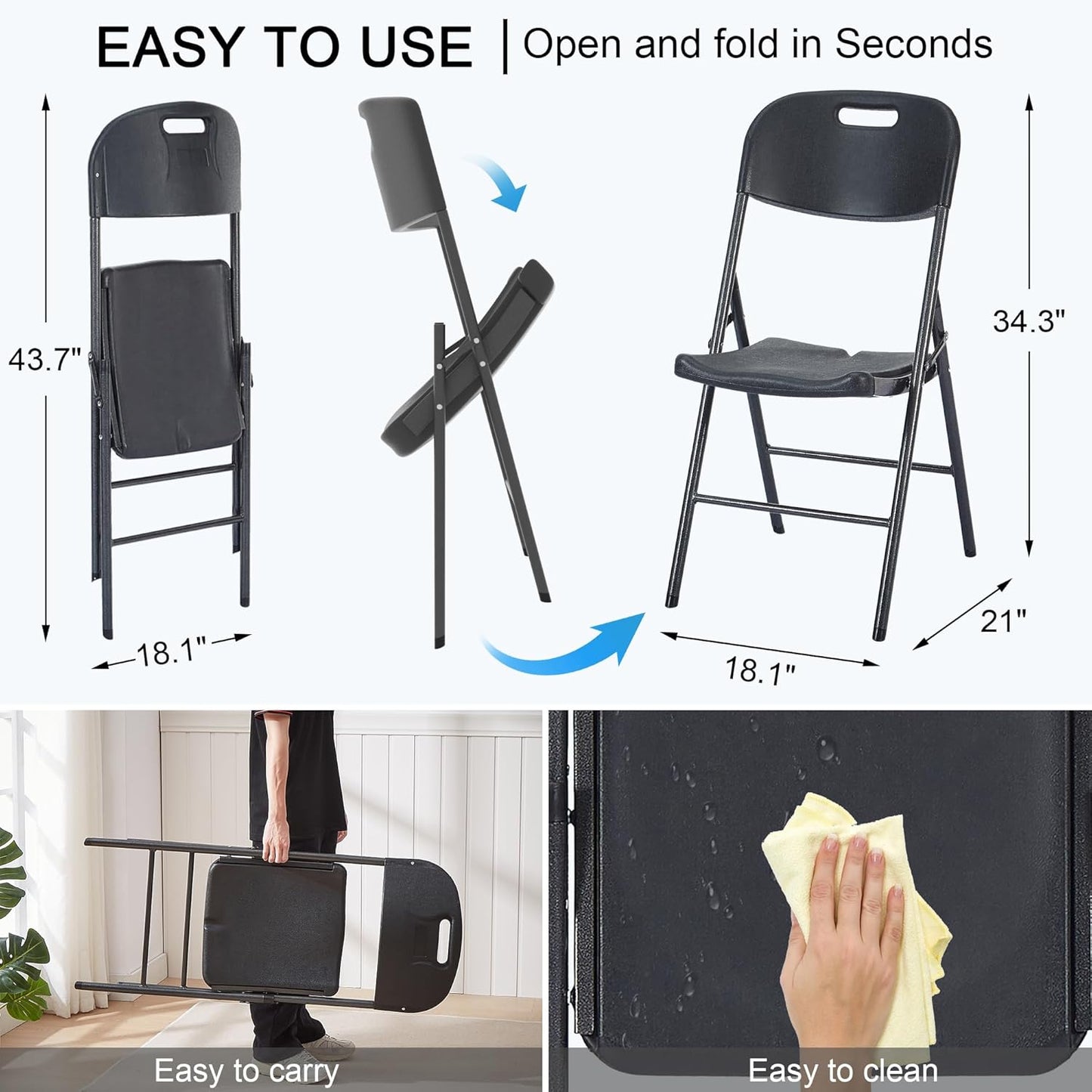 VECELO 4 Pack Folding Chairs, Indoor/Outdoor Use Plastic Seat with Steel Frame, for Events, Office, Wedding, Party, Stackable & Portable, Matte Black