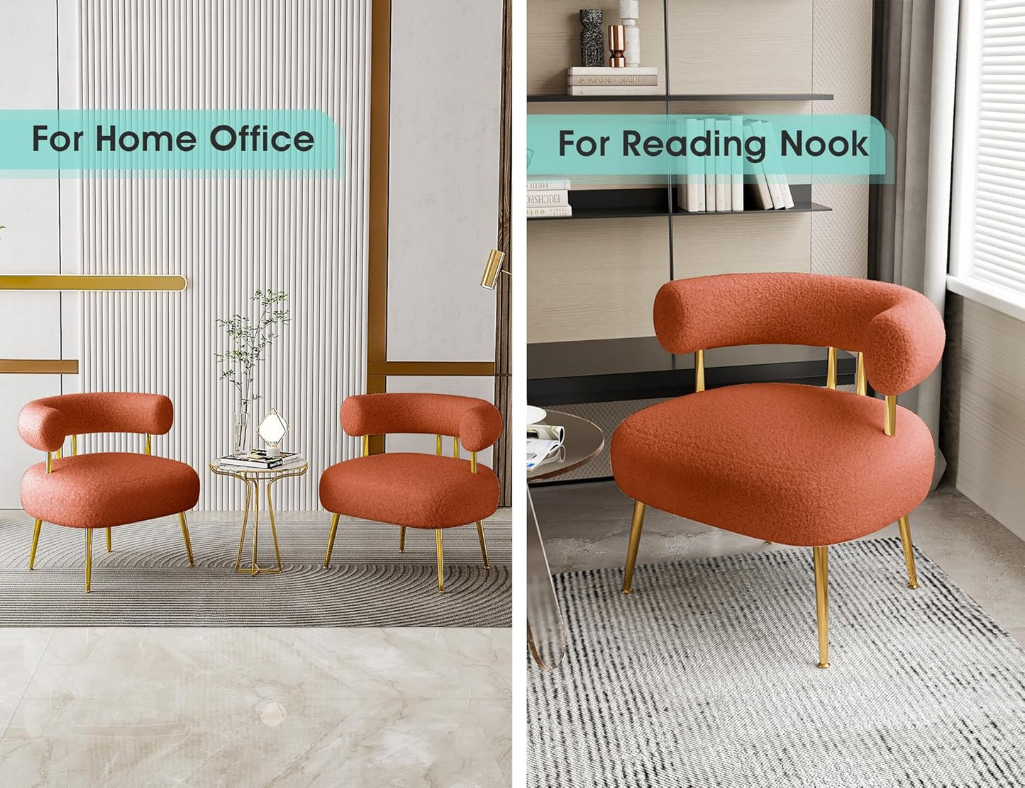 Mid Century Sherpa Boucle Accent Chair, Round Upholstered Barrel Arm Chair for Small Spaces, Fluffy Side Corner Sofa Chair for Living Room, Bedroom, Vanity, Office, Reading Nook(Orange)