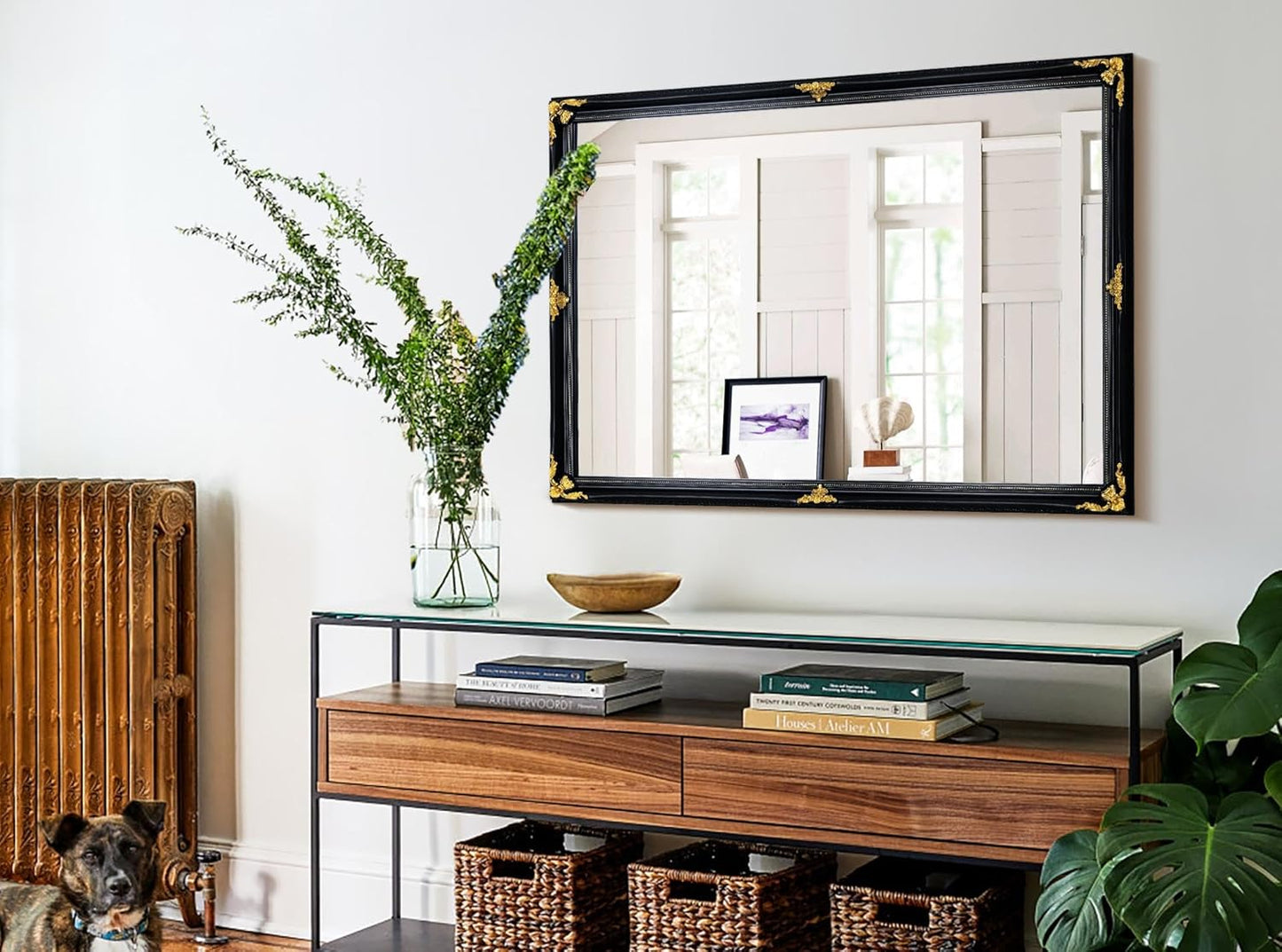 39" x 27" Large Vintage Decoration Mirror, Dark Antique Mirror Wall Decor for Living Room Fireplace, Black and Gold Victorian Wood Frame Glass Wall Decor for Bathroom