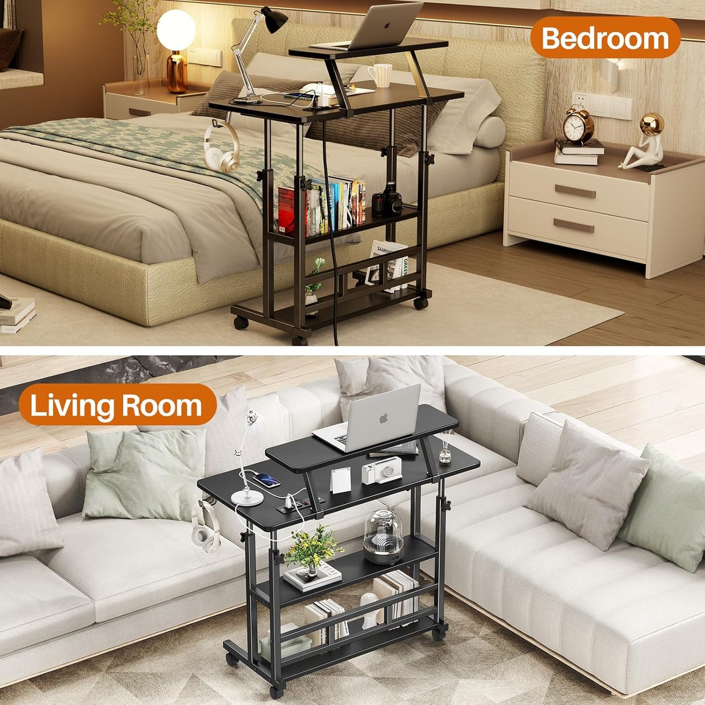 Adjustable Height Standing Desk with Power Outlets, Rolling Stand Up Desk with Monitor Stand and Storage Shelves, 31.5" Small Mobile Computer Desk, Portable Laptop Table (Black with Monitor Stand)