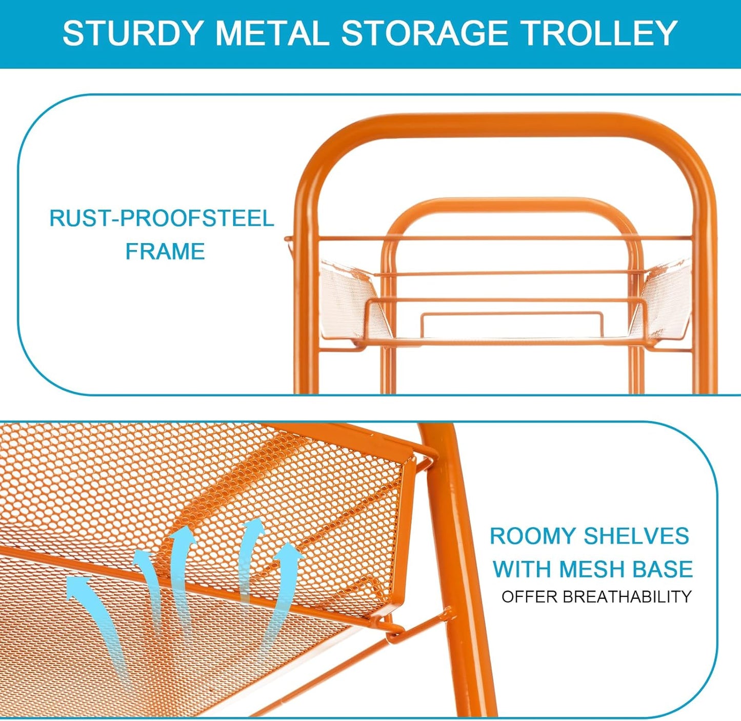 3-Tier Metal Rolling Cart, Storage Shelf with Lockable Caster Wheels, Mobile Storage Cart Used for Kitchen, Bathroom, Livingroom(Orange)