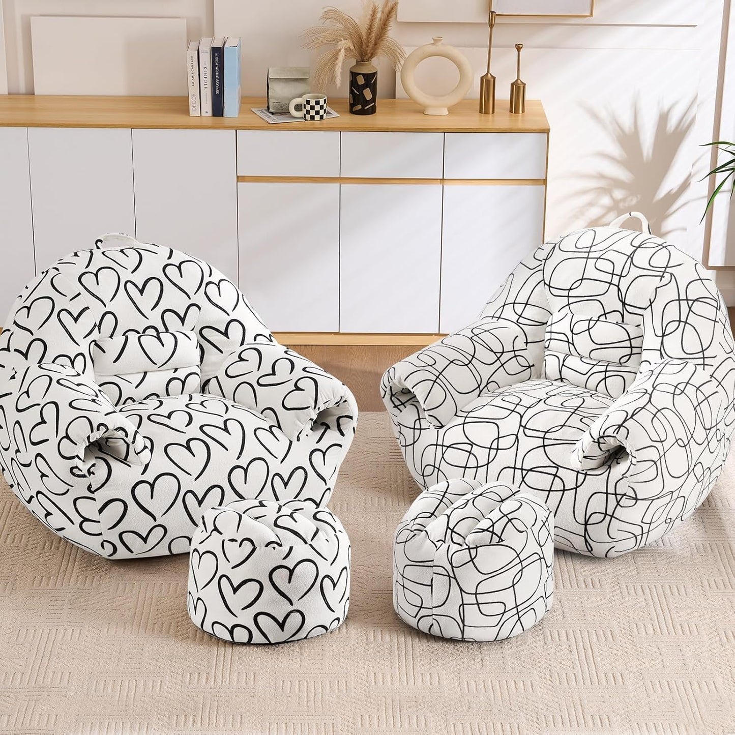 DAICO Bean Bag Chairs for Adults Comfy Accent Chair with Ottoman Floor Sofa Beanbag Couchs with Armrests White Single Lazy Sofa with Foam for Living Room Reading Bedroom Gaming (Cordate Pattern)