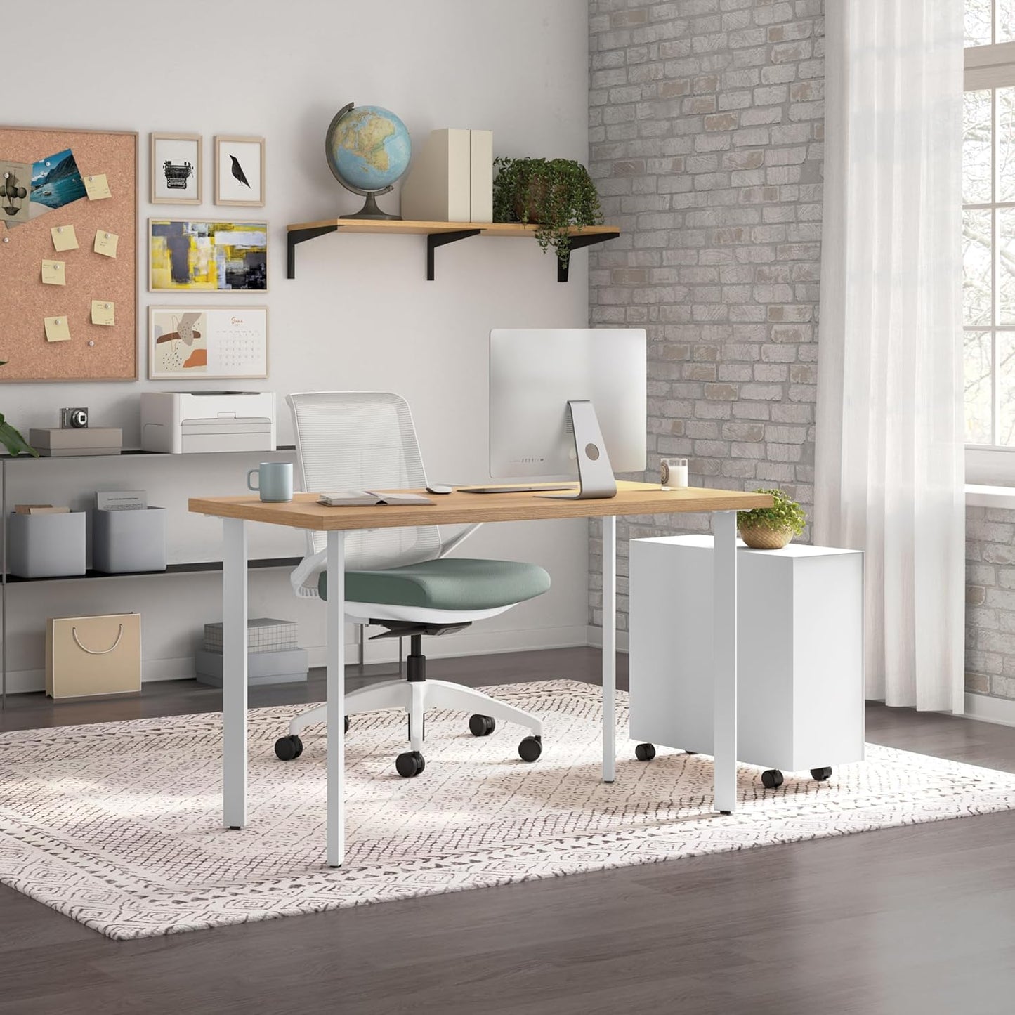 HON Coze Home Office Desks, Sturdy Table Computer Desk, 48", Natural Recon Top, White Base