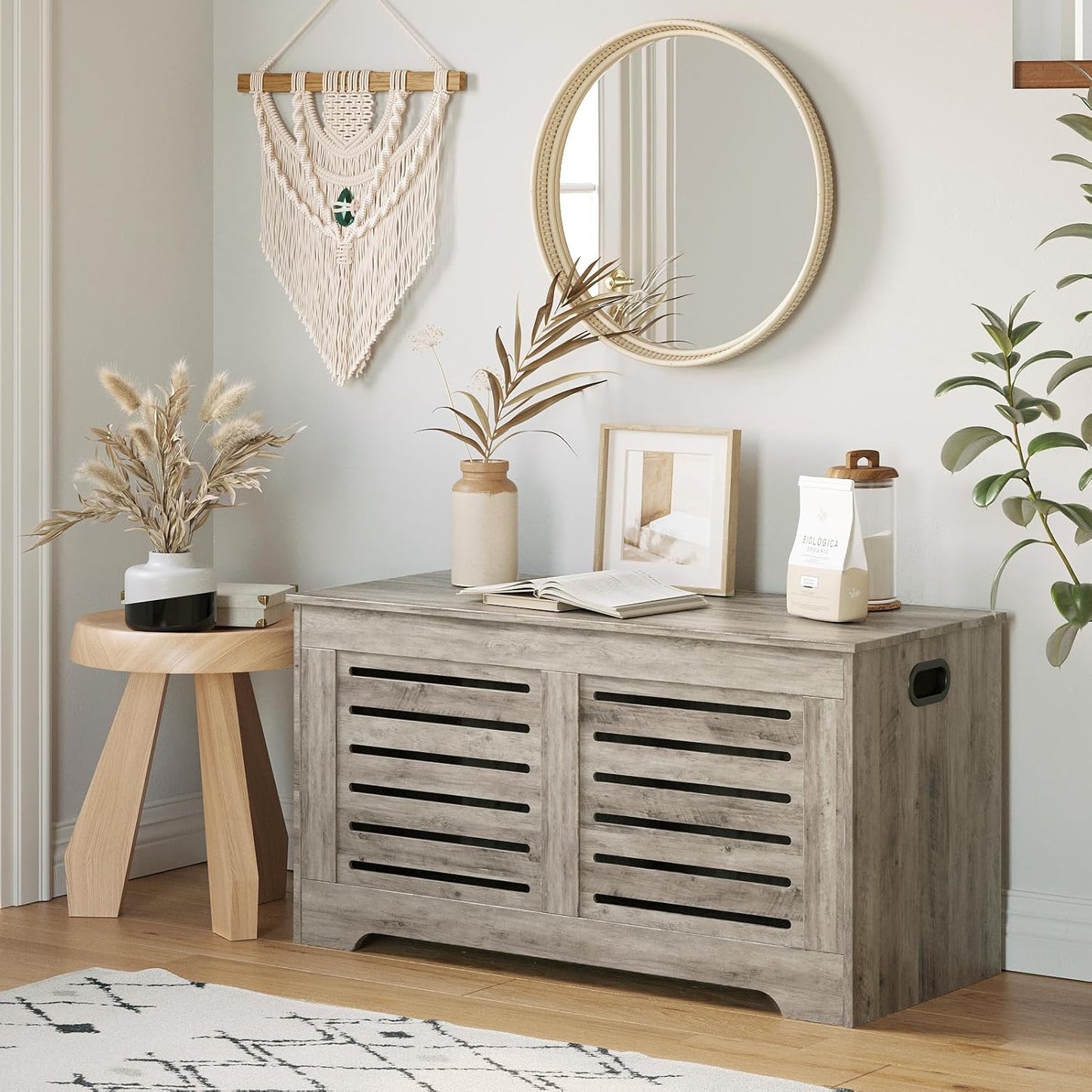 DINZI LVJ Storage Chest, Wooden Toy Box Organizer with 2 Safety Hinges, Flip-top Entryway Shoe Bench, Good Ventilation, Retro Storage Bench for Living Room, Bedroom, Easy Assembly, Greige