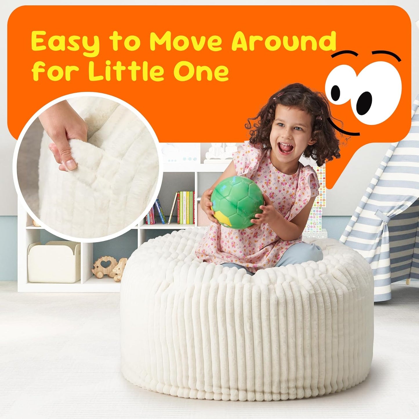 Hobestluk Bean Bag Chairs 2.5FT Bean Bag Chair with Memory Foam Filled & Stripe Plush Cover Small Bean Bag Chairs for Playroom, Living Room, Bedroom (White)