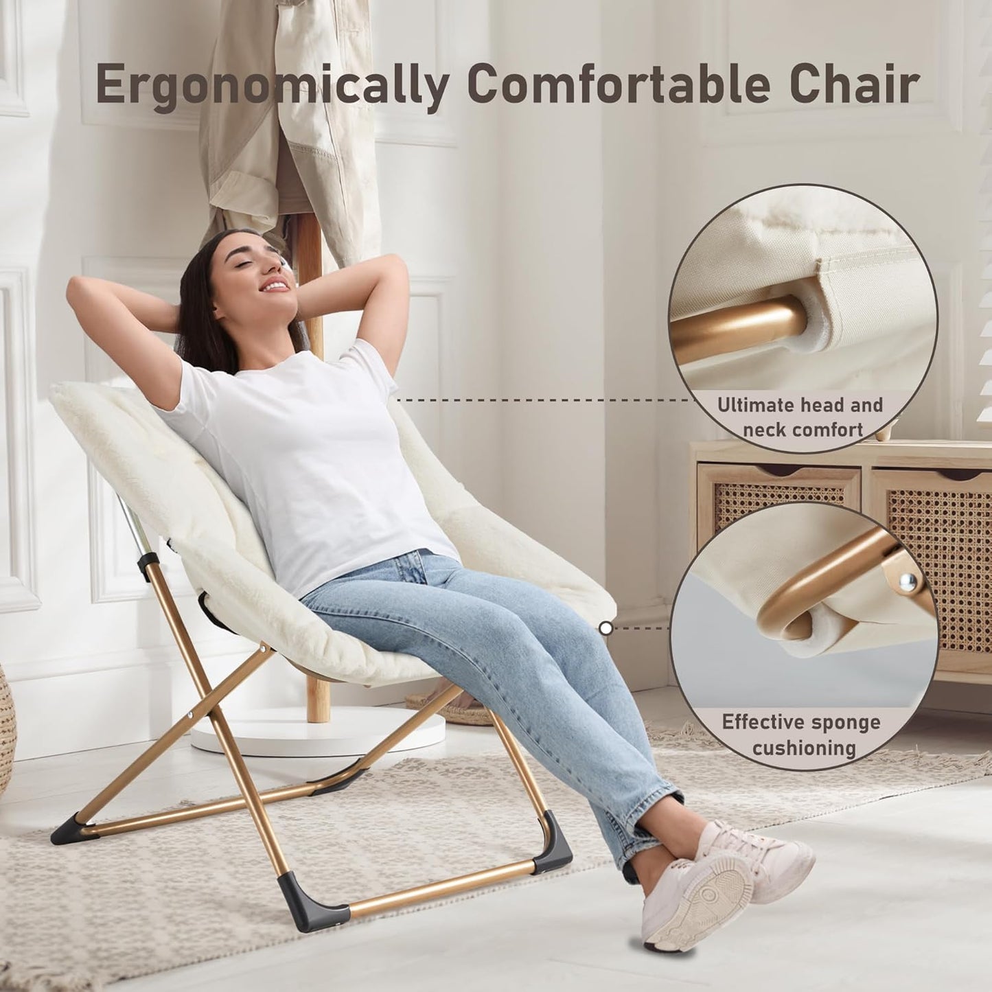 Comfy Oversized Saucer Chair, Soft Faux Fur Reading Lounge Chair for Adults, Stable X-Large Metal Frame and Non-Slip Pad, Foldable Cozy Chairs for Bedroom, Living Room, Dorm, Office, Beige