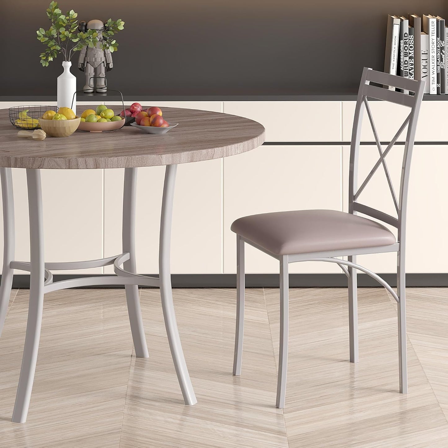 VECELO Metal Dining Chairs Set of 4, Steel Legs and PU Leather Cushion Seats for Kitchen, Living Room, Grey