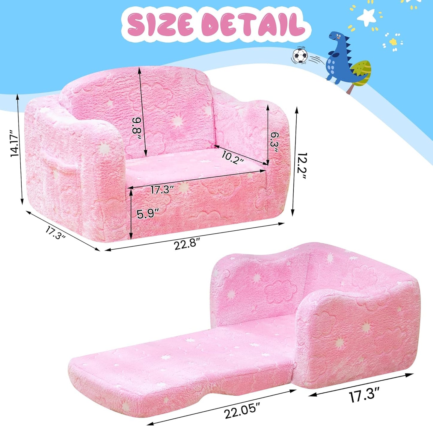 Lamerge 2-in-1 Toddler Couch,Glow in The Dark Baby Floor Bed,Foldable Toddler Chair Kids Sofa for playroom,Convertible Sofa to Lounger for Girls and Boys (Pink and Clouds)