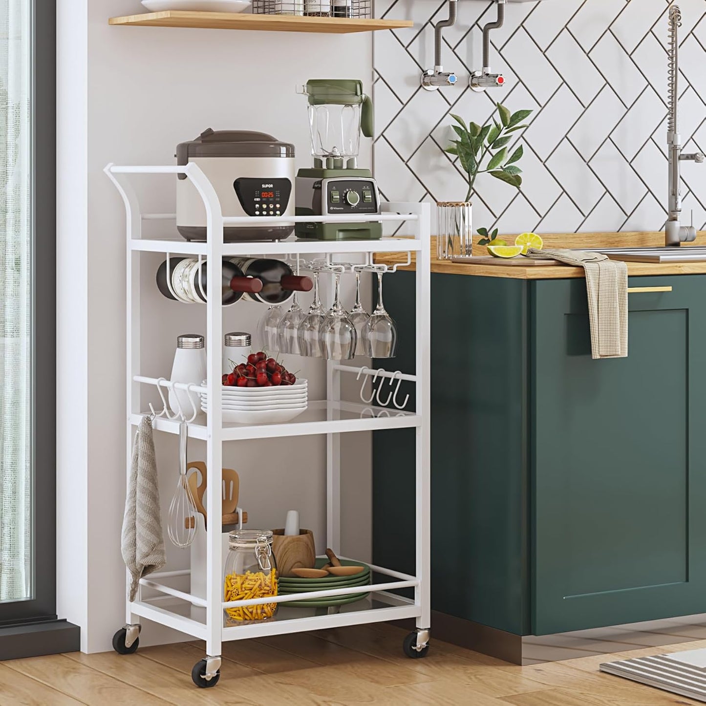 TUTOTAK Bar Cart, Home Bar Serving Cart with 3-Tier Mirrored Shelf, Mobile Kitchen Shelf, Rolling Beverage Cart, White BC01BW034