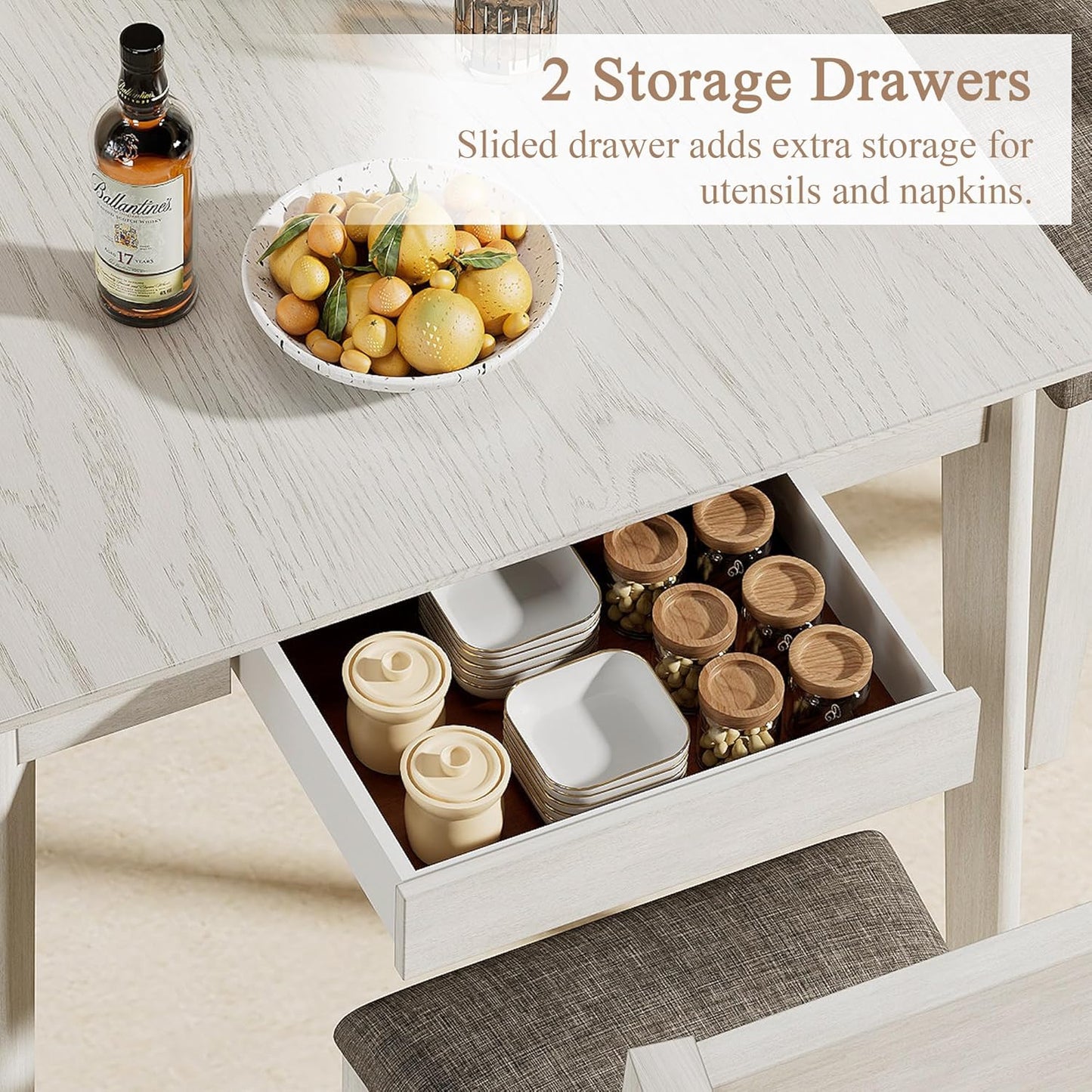 5-Piece Square Dining Table Set for 4, 38.2'' Solid Wood Kitchen Table with 4 Upholstered Chairs & 2 Drawers for Dining Room, Kitchen, Small Space, Washed Gray