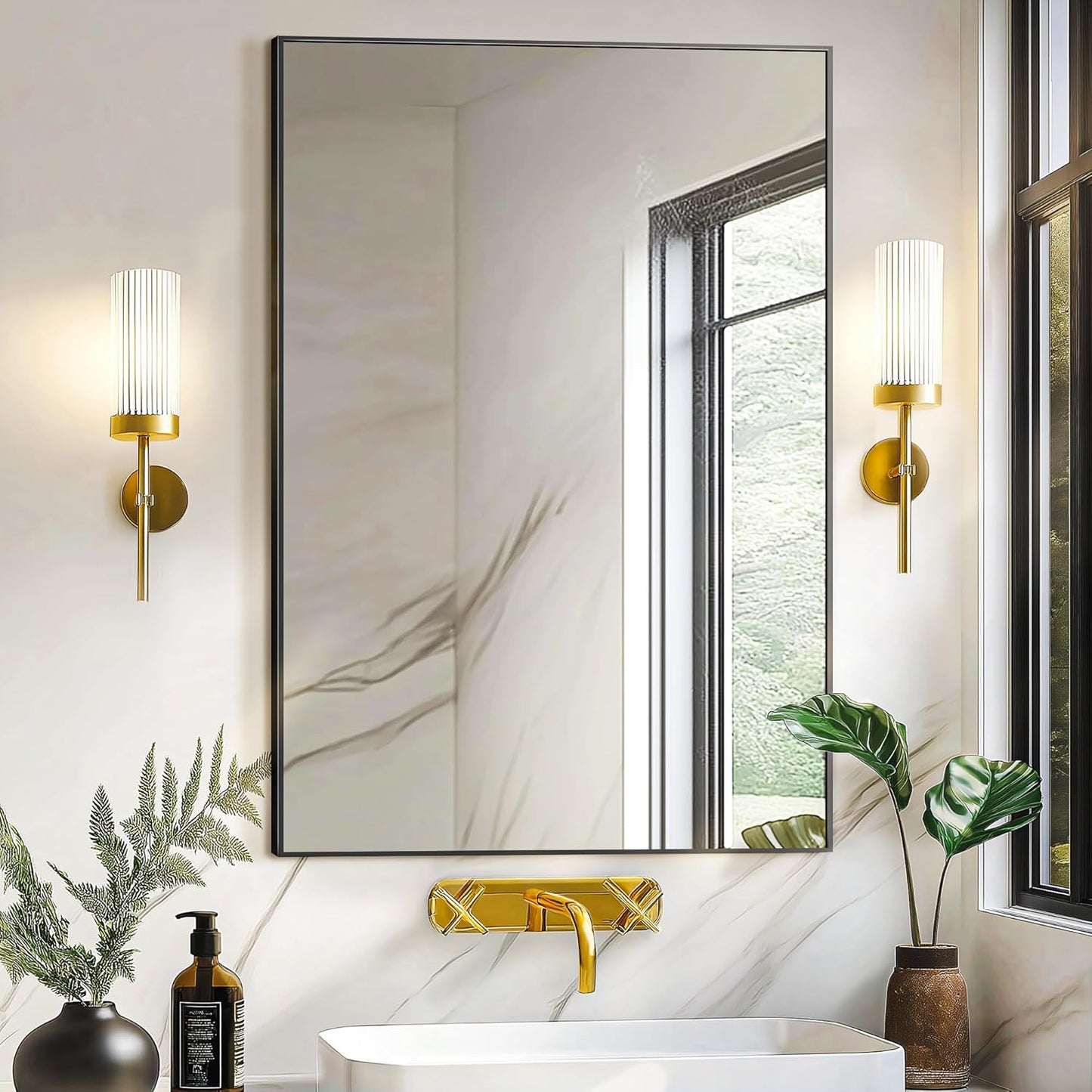 Bathroom Vanity Mirror for Wall, 36" x 24" Metal Framed Rectangular Bathroom Wall Mirror for Over Sink, HD Shatterproof Glass, Hangs Horizontally or Vertically(Black)