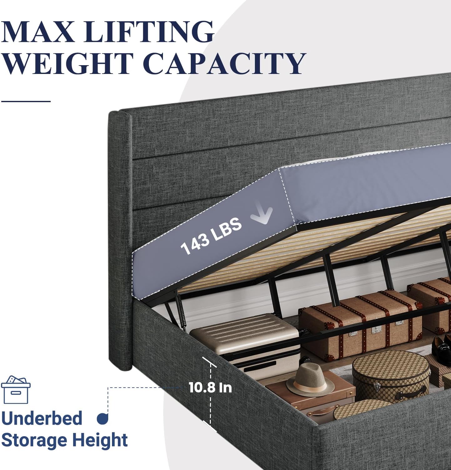 Allewie King Size Lift Up Storage Bed, Modern Wingback Headboard, Hydraulic Support, No Box Spring Needed, Dark Grey