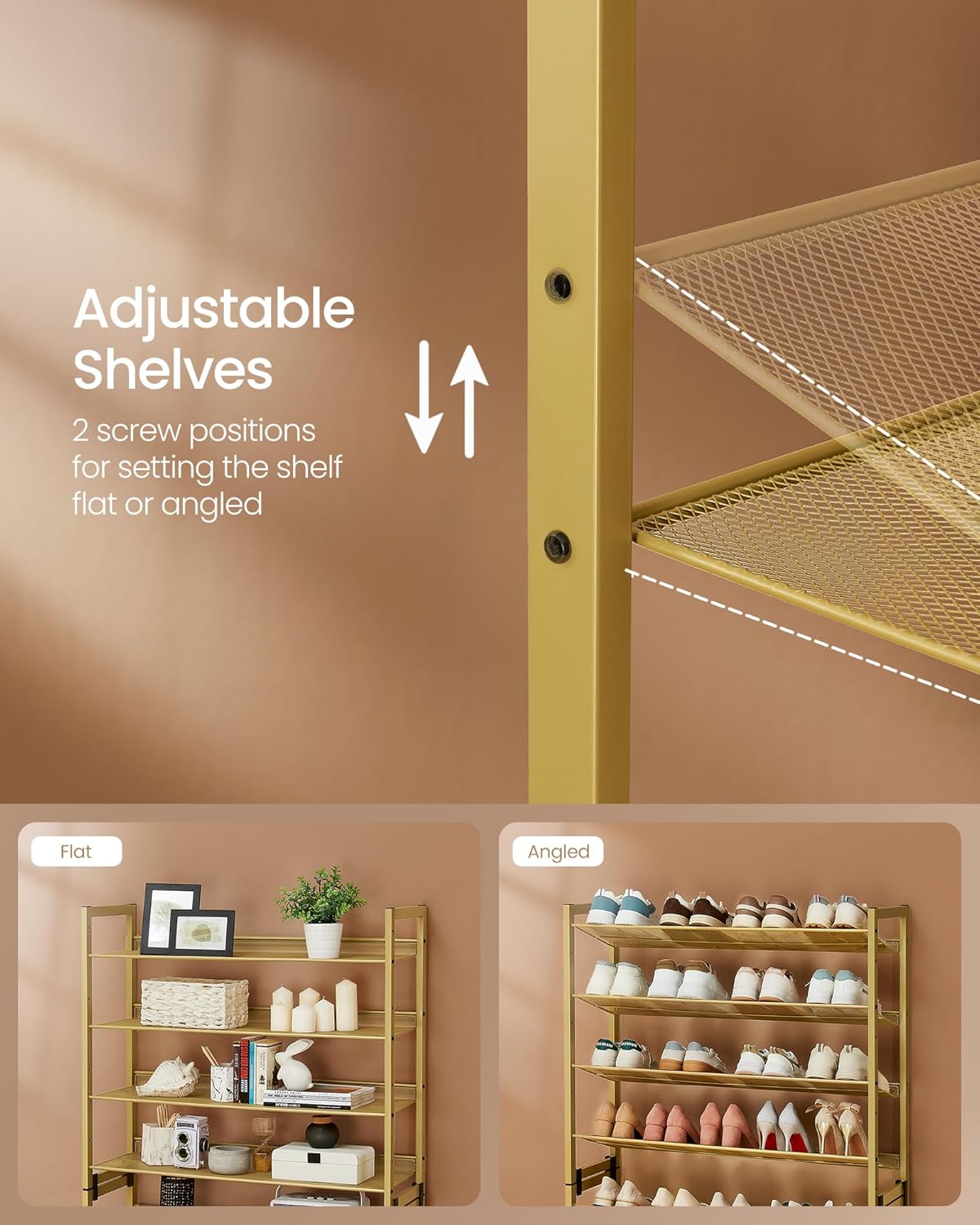 SONGMICS Shoe Rack, 8-Tier Shoe Organizer, Metal Rack for Garage, Set of 2, 4-Tier Stackable Shelf, with Adjustable Flat or Angled Shelves, 32-40 Pairs, Pale Gold ULMR08A02