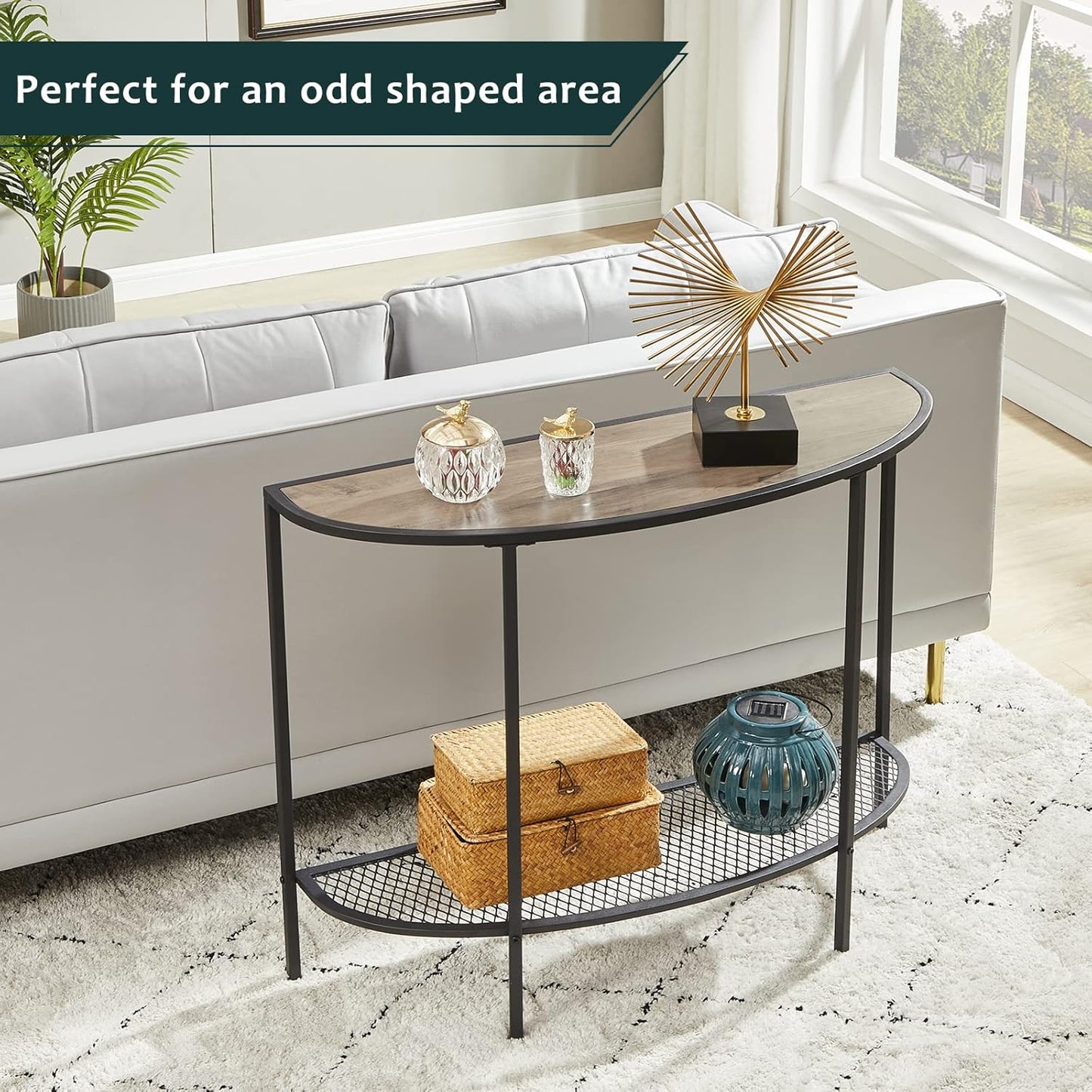SAYGOER Console Table 2 Tier Narrow Entryway Table with Storage Shelves Half Moon Sofa Couch Table Industrial Small Entry Way Tables for Living Bedroom Hallway Office Easy Assembly, Gray Black