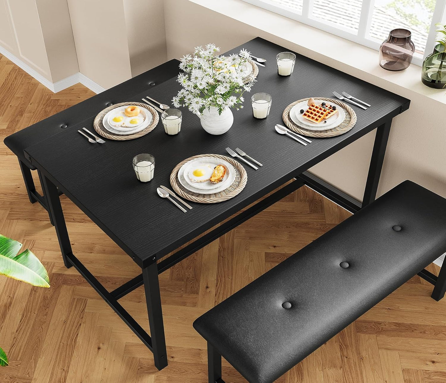 Dining Table Set for 4, Kitchen Table with 2 Upholstered Benches, 3-Piece Dining Room Set for Kitchen, Apartment and Small Spaces, Black