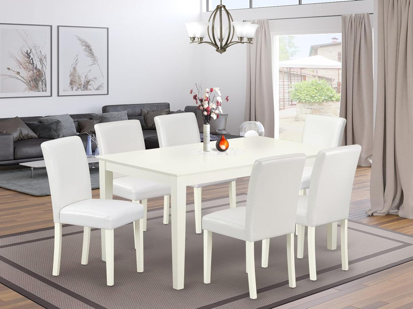 East West Furniture CAAB7-LWH-64 7 Piece Kitchen Table & Chairs Set Consist of a Rectangle Dining Room Table and 6 White Faux Leather Parsons Dining Chairs, 36x60 Inch, Linen White