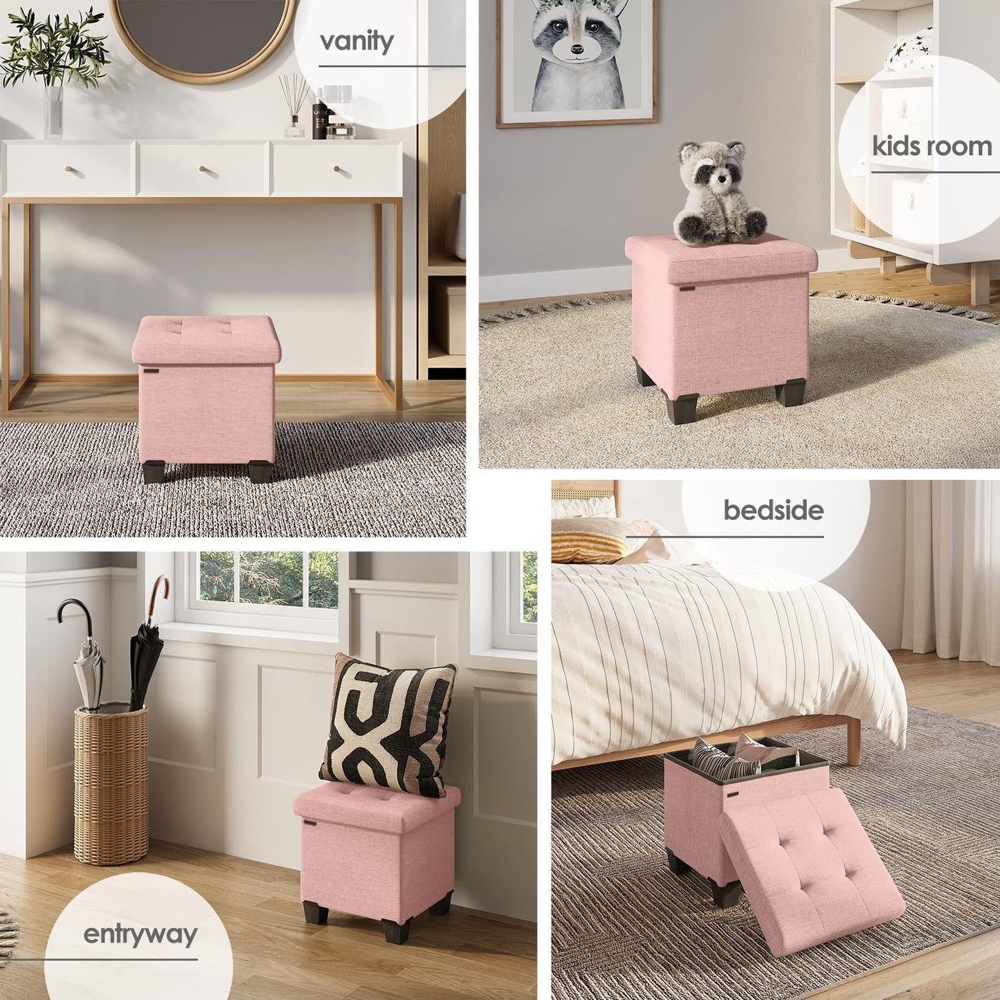 STORAGEBUD Storage Ottoman Cube with Small Bin, 16-in Square Ottoman with Storage for Living Room and Bedroom, Small Ottomans Foot Rest, Fabric Foot Stools Ottomans Max 330lbs, Pink