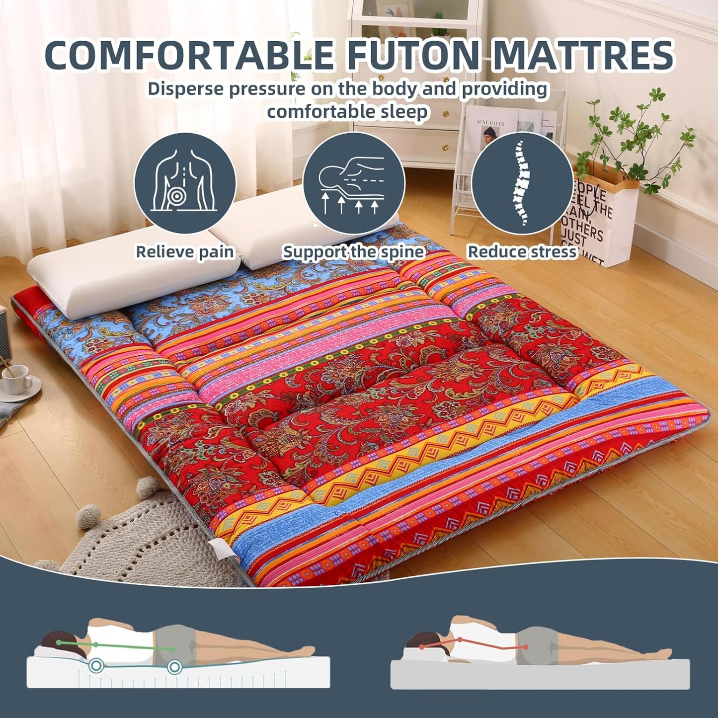 Bohemian Retro Japanese Floor Mattress, Vintage Floral Tatami Floor Mat, Portable Roll up Futon Mattress for Guest,Tavel (E,Full 80" X 47")