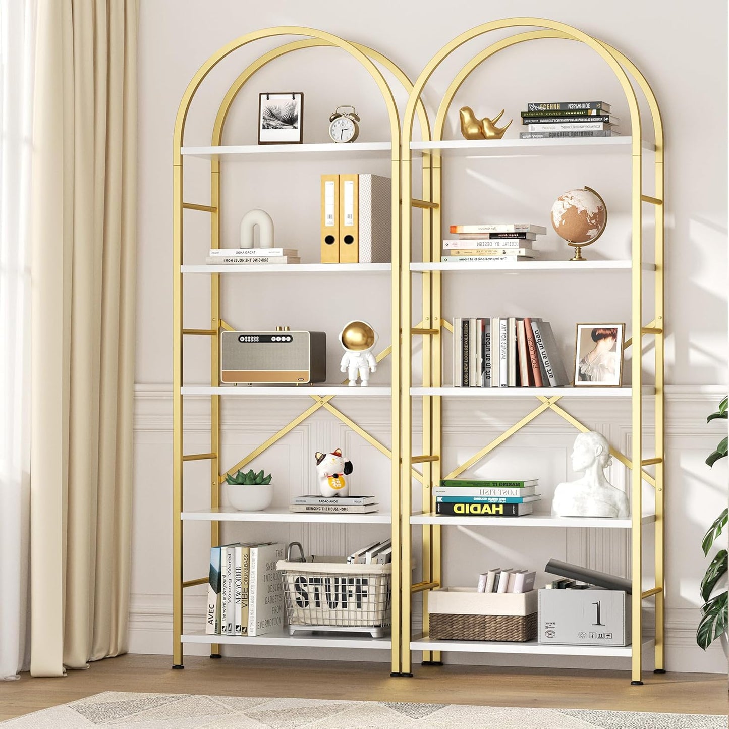 Shintenchi Bookshelf, Arched Bookshelf 5 Tier Bookcase Shelf for CDs/Books, Home Office Bookcase Shelf Storage Organizer, Modern Book Shelf for Bedroom/Living Room, Gold