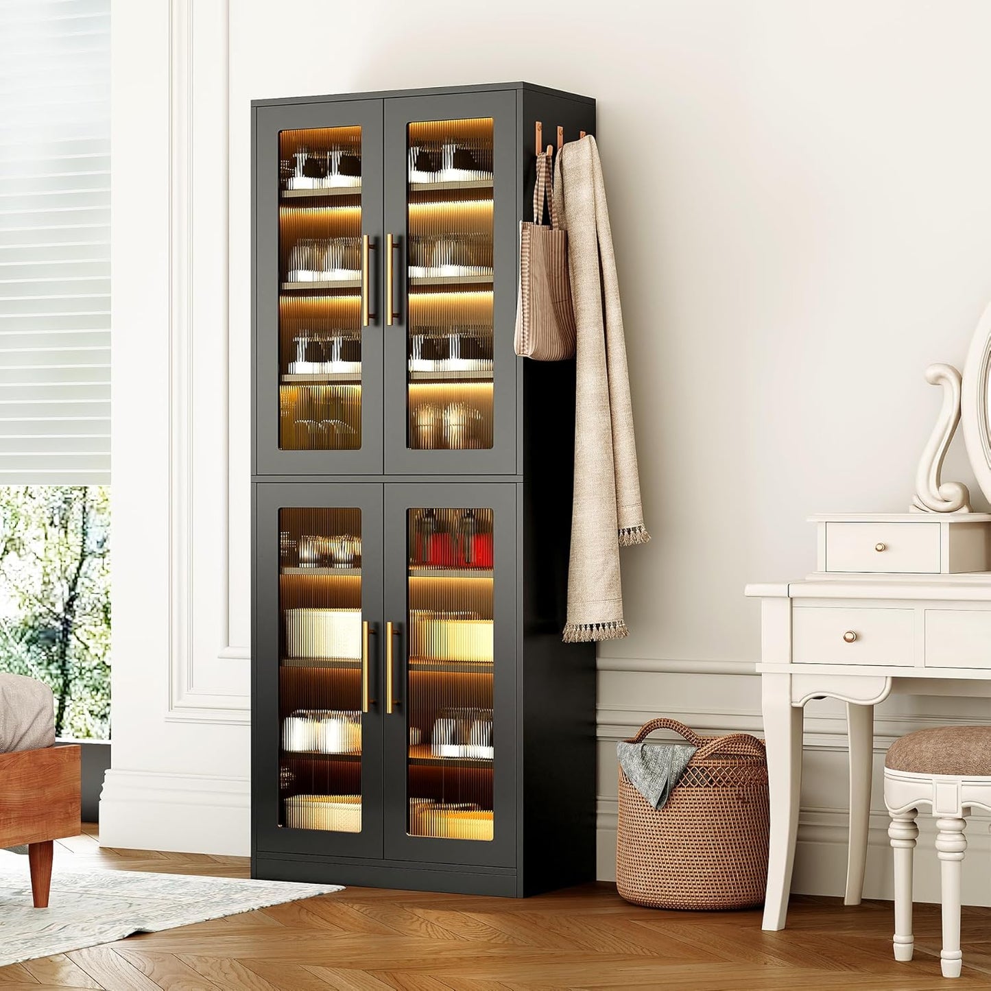 LITTLE TREE Stylish 8-Tier Vertical Shoe Rack with Built-in LED Lighting, Doors for Dust Protection, and Convenient External Hooks, Shoe Cabinet for Entryway, Living Room, Bedroom, Black