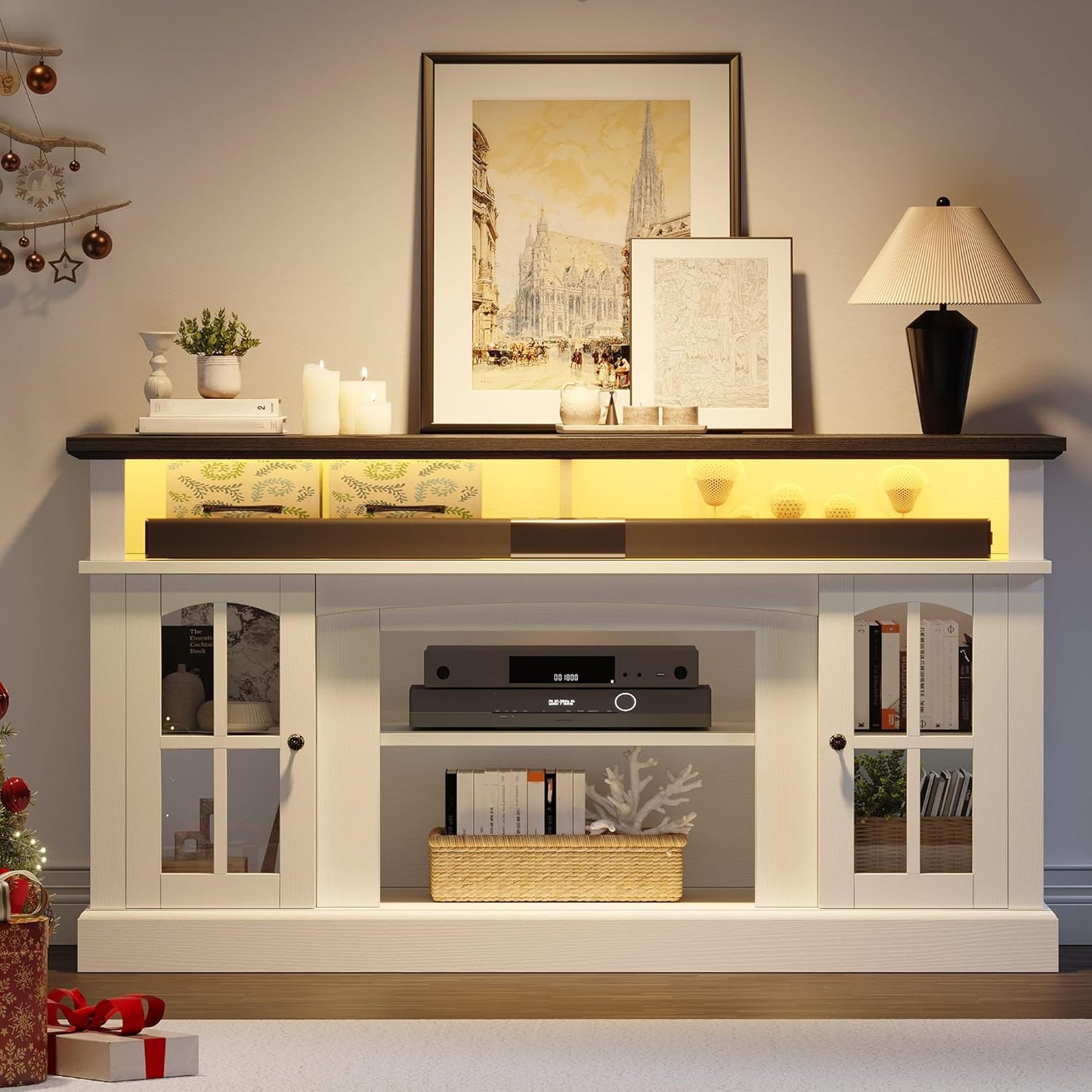 YITAHOME LED Farmhouse TV Stand for 65 Inch w/Outlets, Modern Entertainment Center with Glass Doors and Adjustable Storage Shelves, Media Console TV Cabinet for for Living Room, White/Black