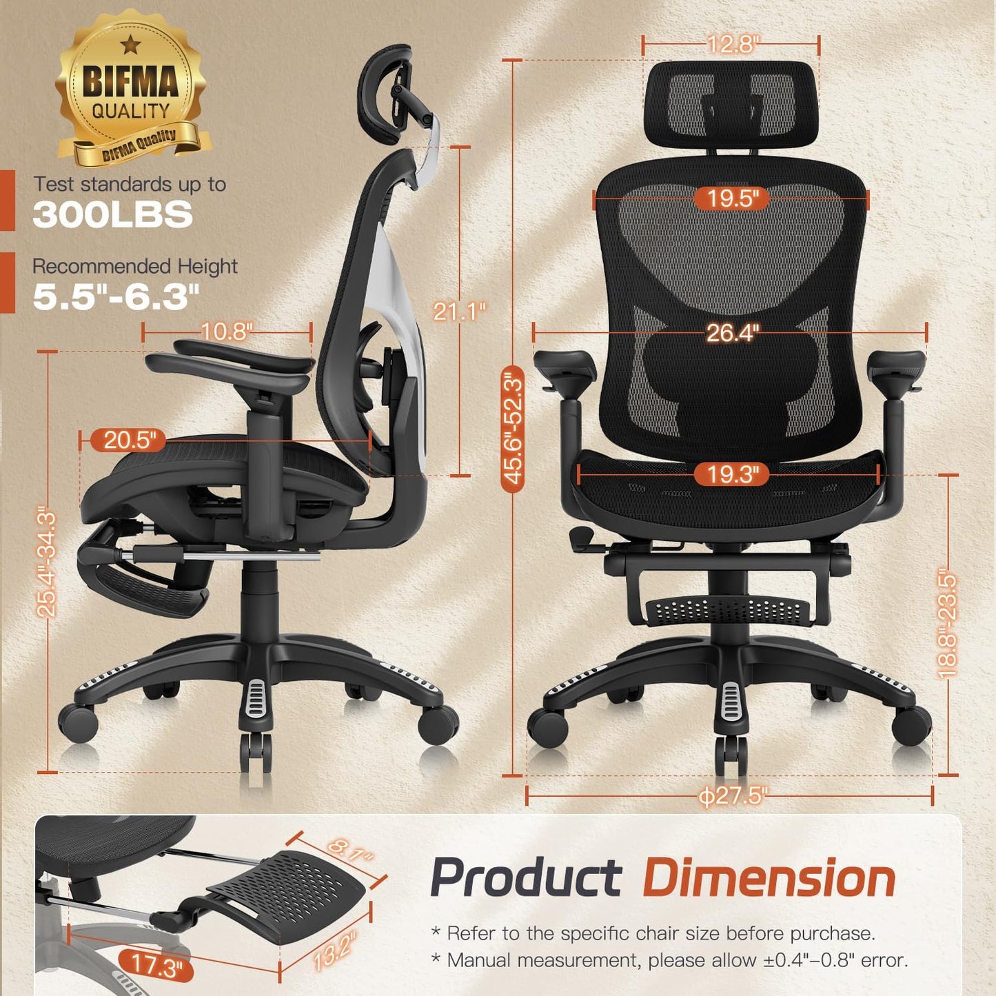 Ergonomic Office Chair, Mesh Desk Chair with Footrest, 3D Armrest - 215° Rotation, Adjustable Lumbar Support & Headrest, 90°-120° Tilt Lock, Big and Tall Computer Gaming Chairs, Black
