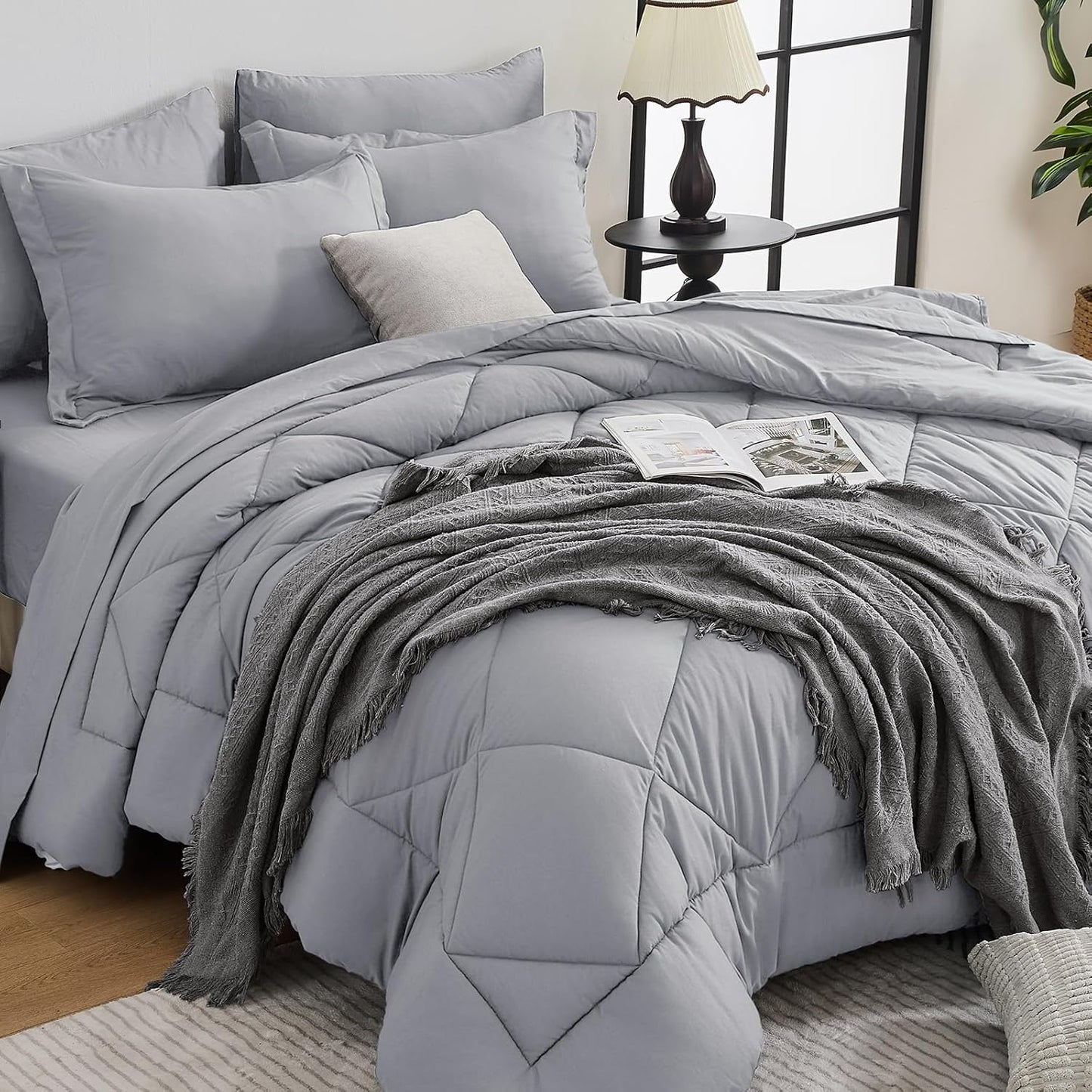 HEVUMYI Light Grey Queen Comforter Set - 7-Piece All Season Bed in a Bag Queen, Ultra Soft Bedding Set with Comforter, Flat Sheet, Fitted Sheet, Pillowcases, Pillow Shams, Light Gray