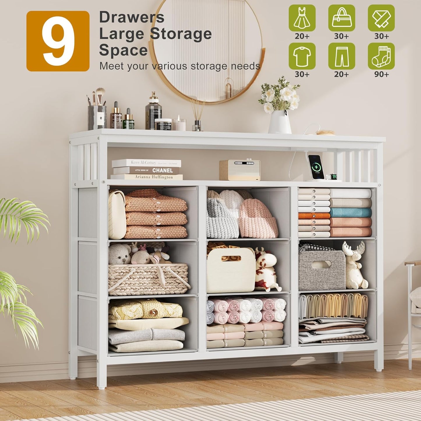 9 Drawer Dresser TV Stand with LED Lights & Power Outlets, Entertainment Center with Open Shelf, Media Console for 50” TV, Large Storage Dresser for Bedroom (White)