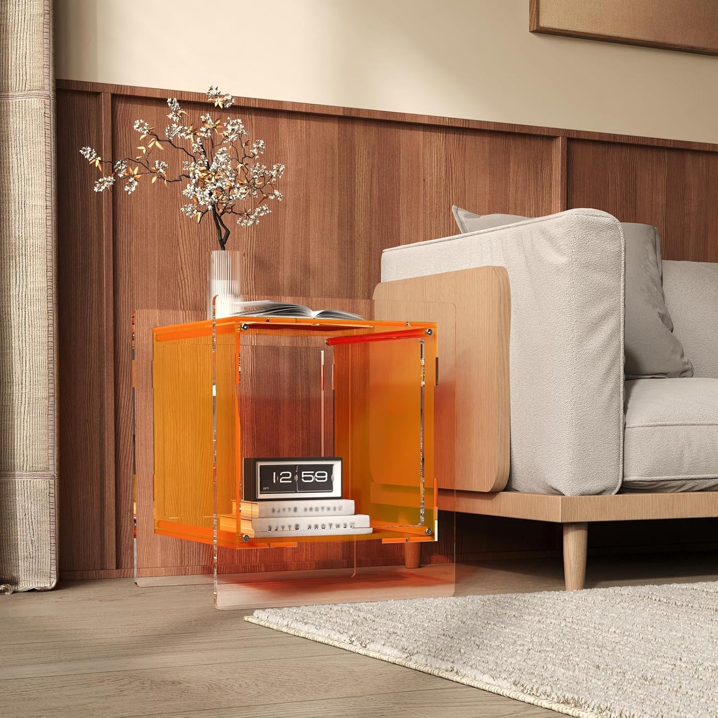 Acrylic Nightstand, Side Table, Record Player Table, End Table with Open Storage Shelf for Living Room, Bedroom, Home, Office Reception (Orange)