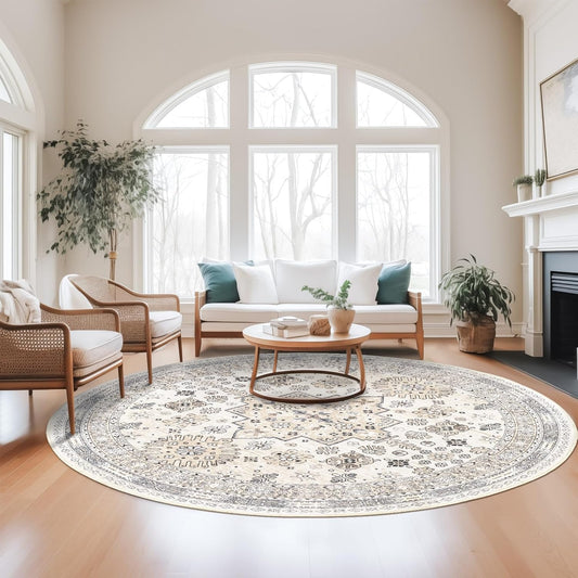 zesthome 8ft Round Rugs for Living Room, Non-Slip Washable Round Area Rugs, Ultra-Thin Large Circle Rugs, Soft Low Pile Rug for Bedroom, Kitchen - Vintage Stain Resistant Round Rug (Beige,8'x8')