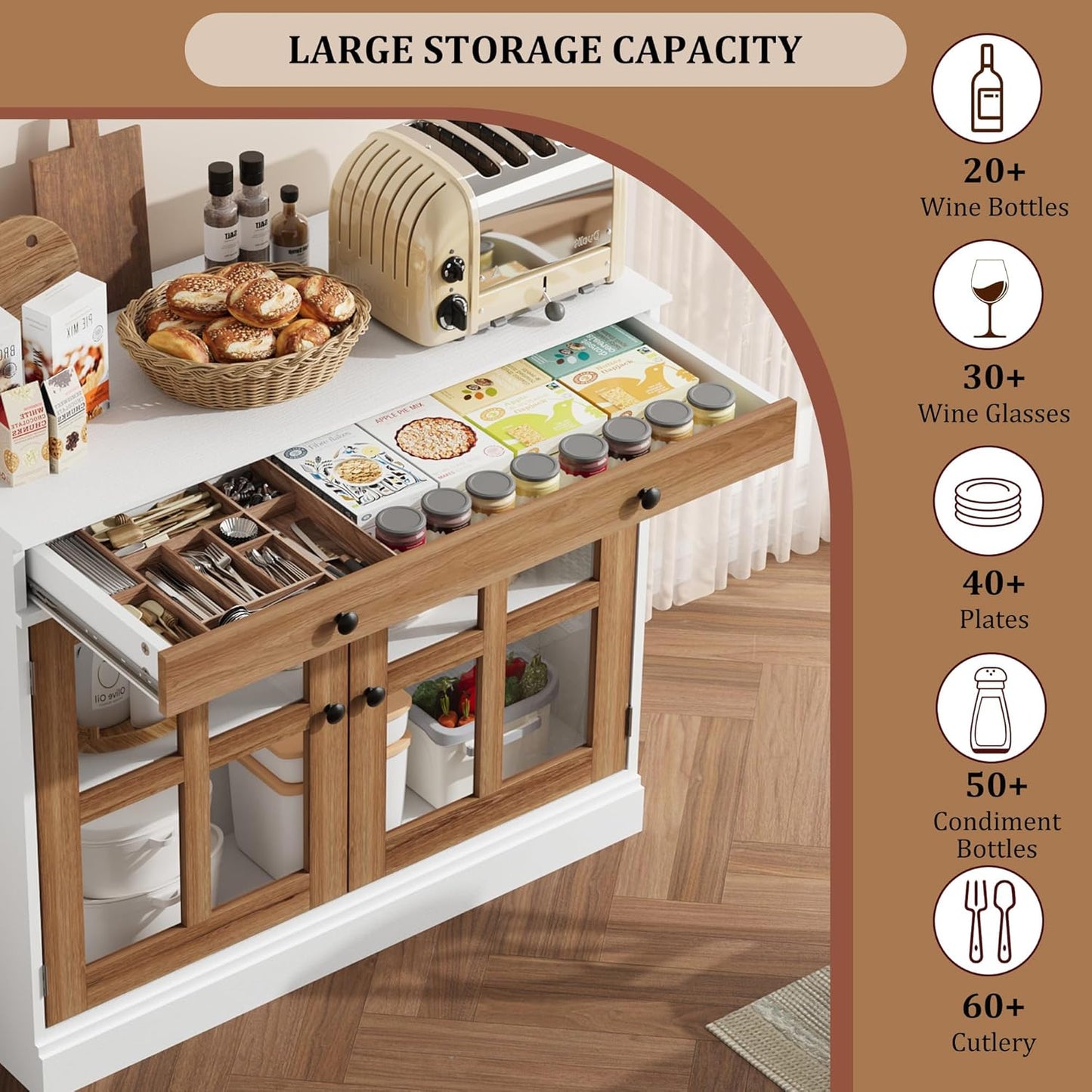 GarveeHome 35.4" Sideboard Buffet Cabinets with Glass Door, Buffet Cabinet with Storage, White&Brown Sideboard Cabinet with Drawer, Modern Buffets & Sideboards for Dining Room, Kitchen
